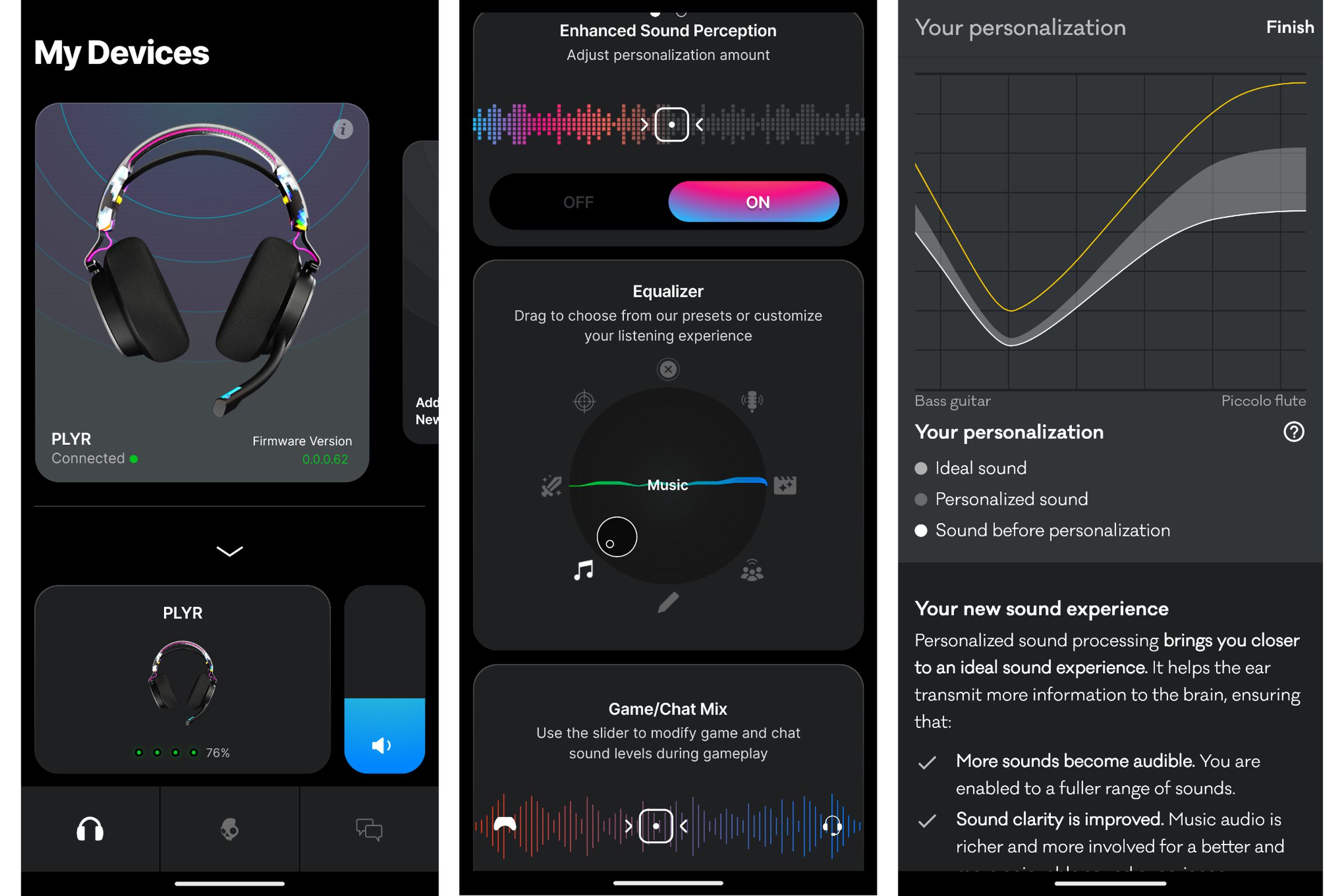 Three screenshots taken from a Google Pixel 6 that show the user interface of Skullcandy’s mobile app that lets you adjust settings such as the equalizer, game and chat audio balance, and more.