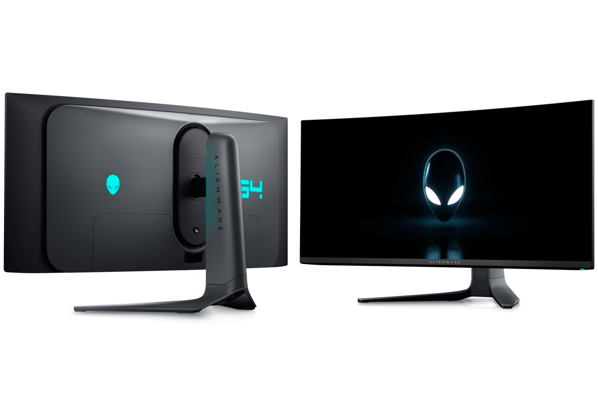 A front and rear shot of the new Alienware AW3423DWF 34-inch curved QD-OLED gaming monitor.