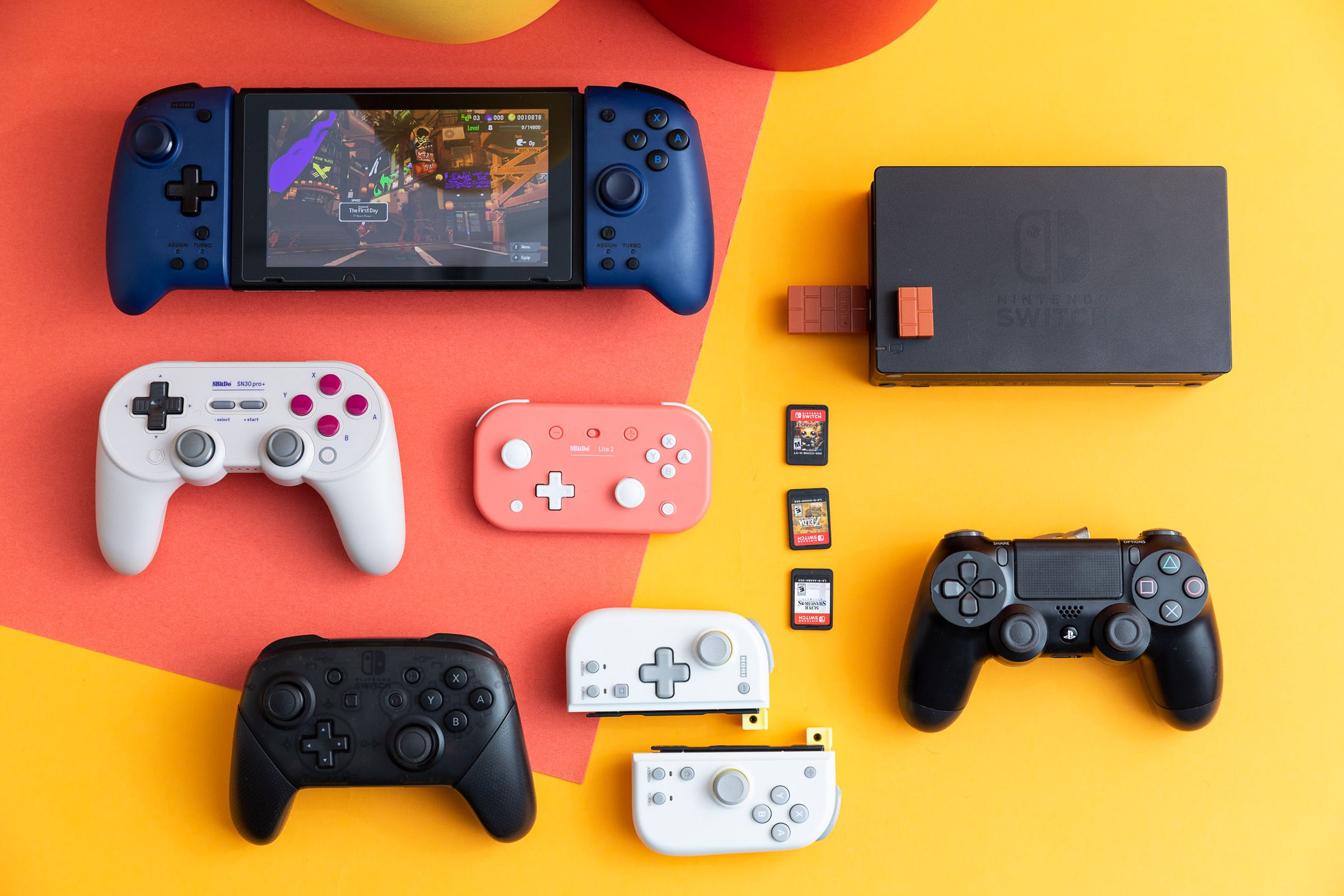 An artful arrangement of gaming controllers and accessories for the Nintendo Switch.