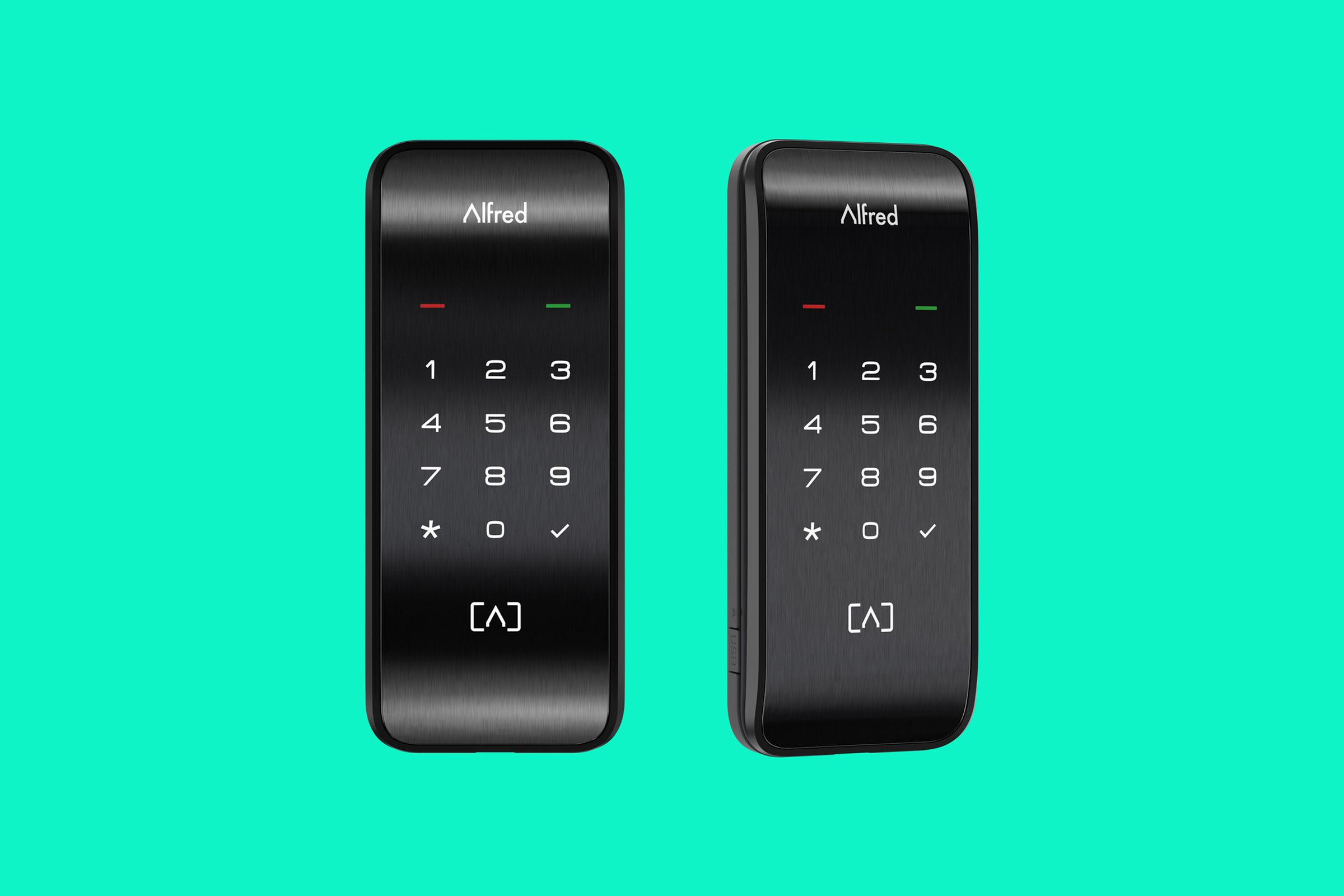A keypad smart lock on a green background