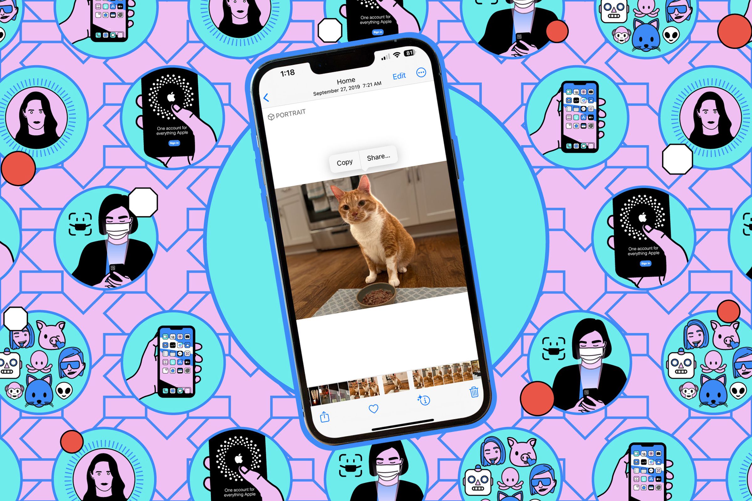 Illustration of a phone with a photo of a cat featured on screen.