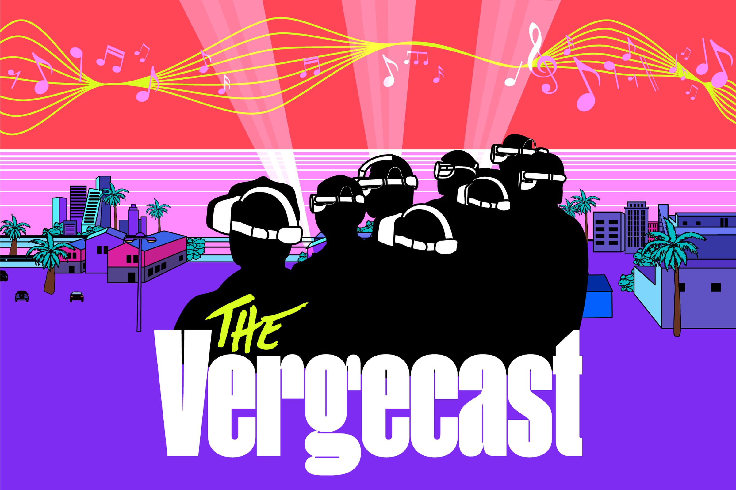 The Vergecast logo over an audience with VR headsets at a virtual concert
