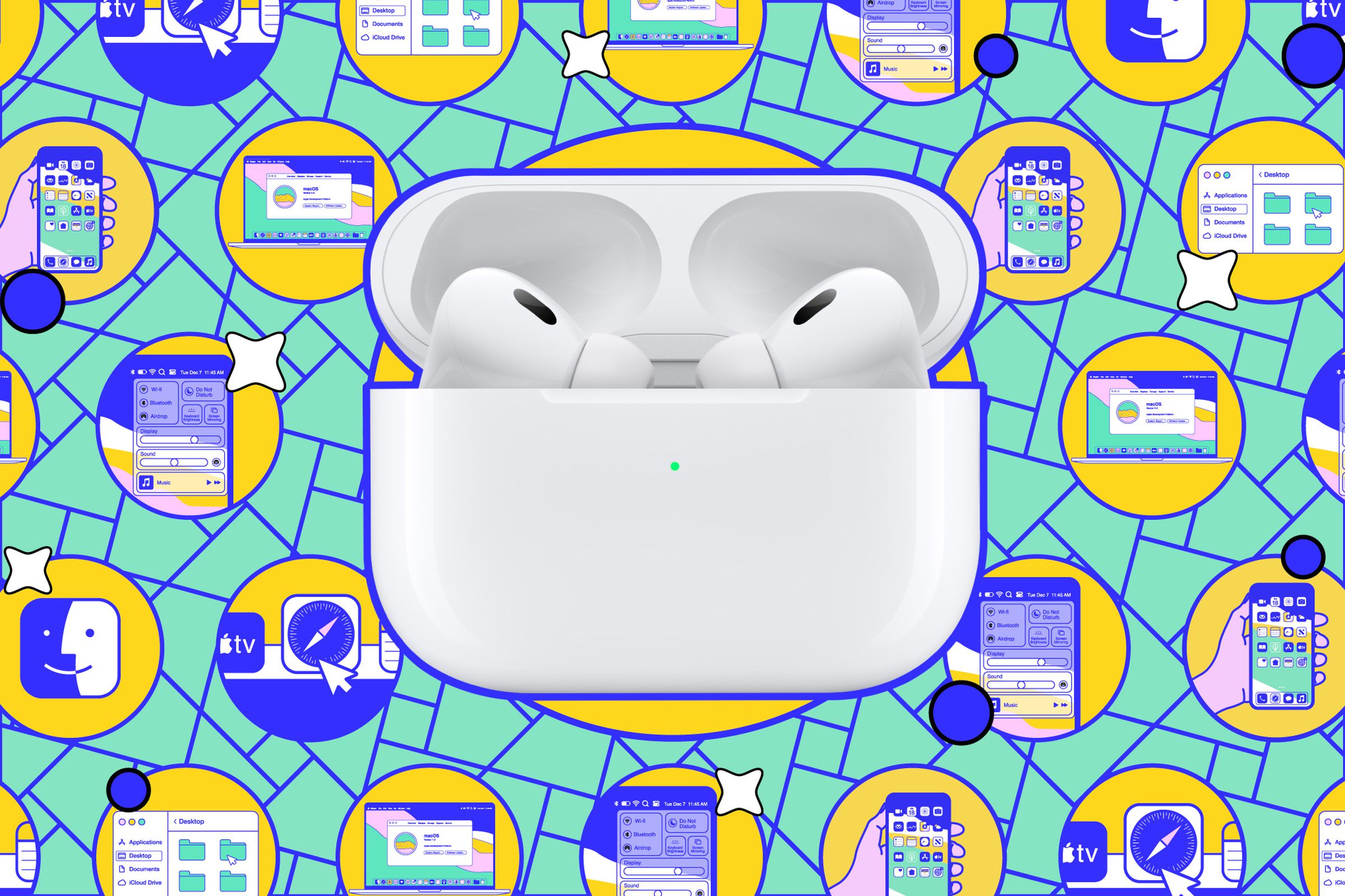 An illustration of Apple’s second-generation AirPods Pro with various tech gadgets in the background.