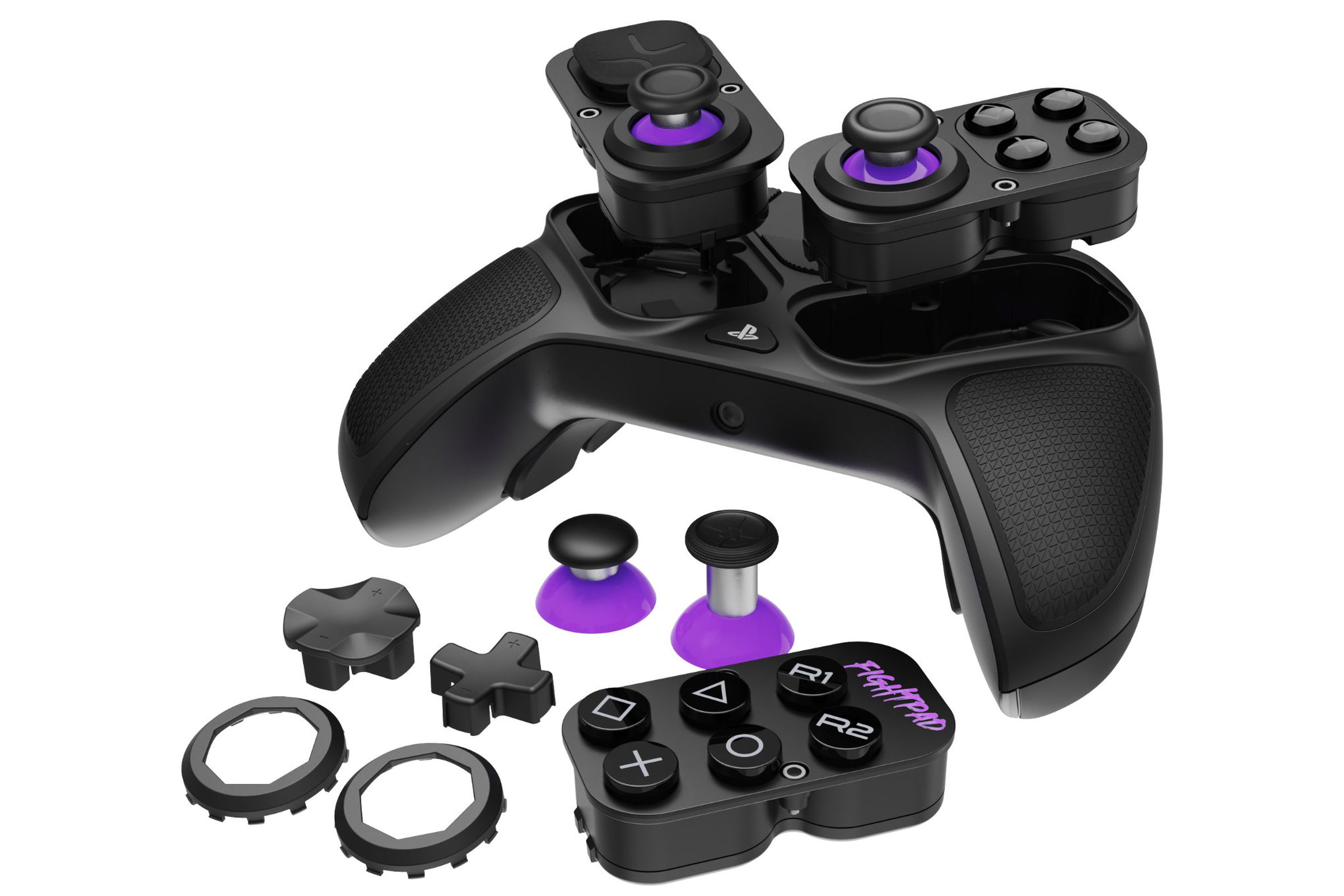 PDP Victrix Pro BFG controller shown with all of the components that come included with purchase, including