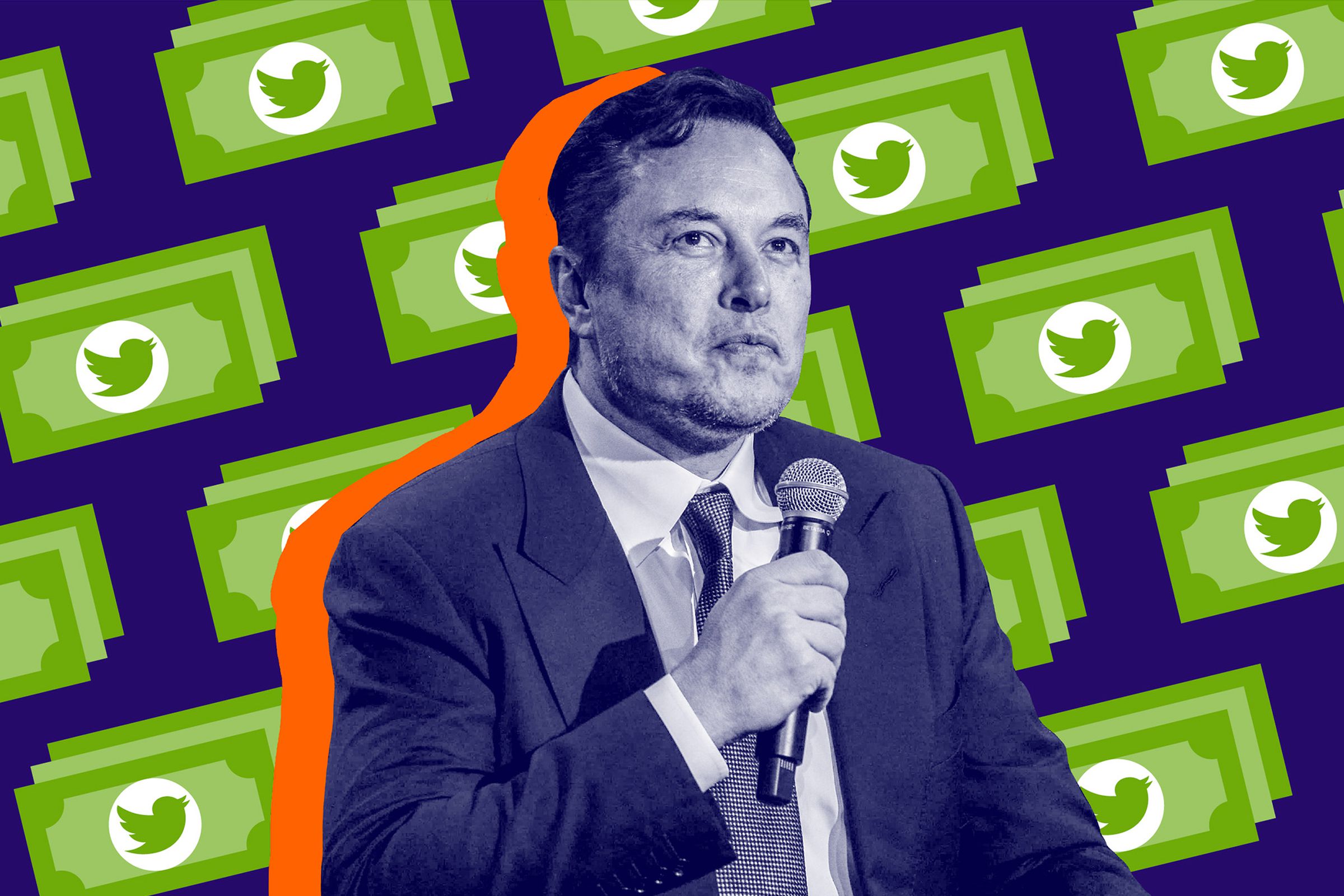 Illustration of Elon Musk with stacks of money in the background, adorned with Twitter logos