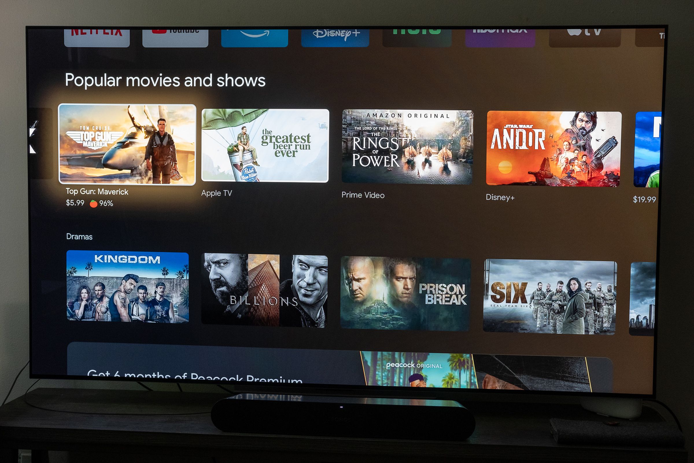 An image of the Google TV interface featuring several different movies and TV shows.