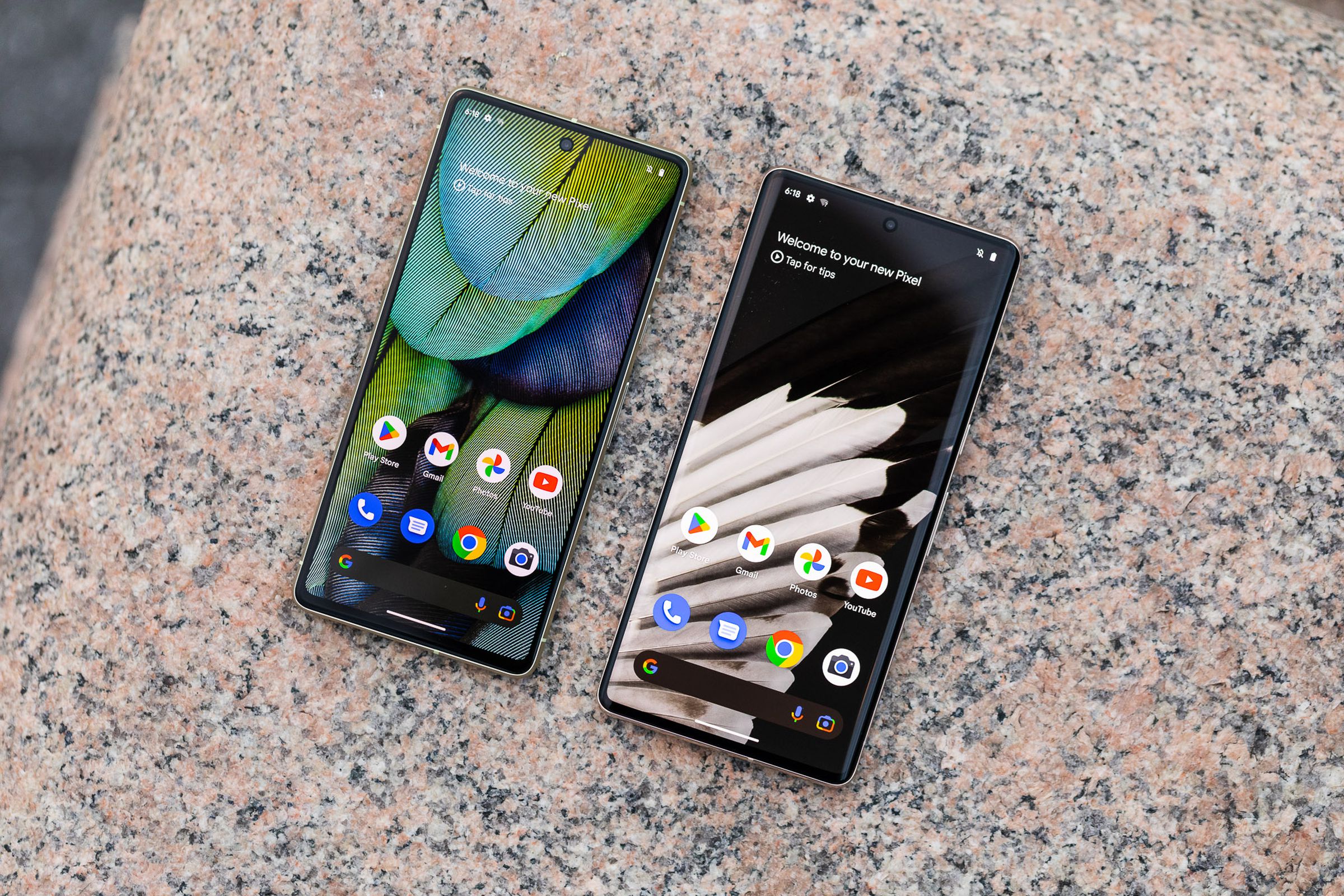 A top down photo of the Google Pixel 7 and Pixel 7 Pro