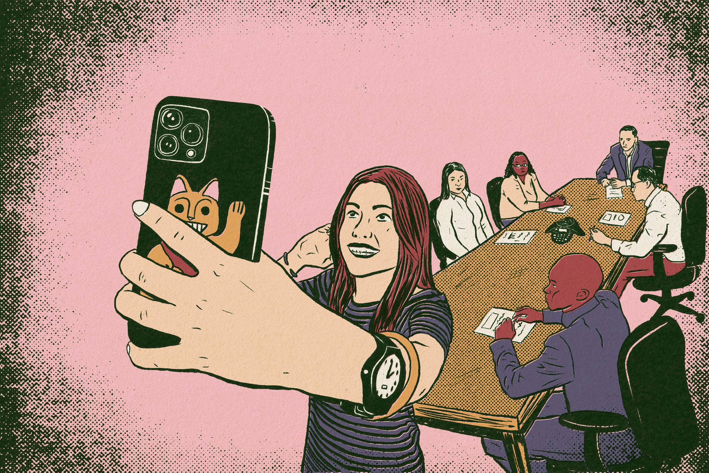 An illustration of a woman holding her phone up, selfie-style in a conference room while a meeting appears to be happening. Several co-workers are seated at a long table, watching her record a video.