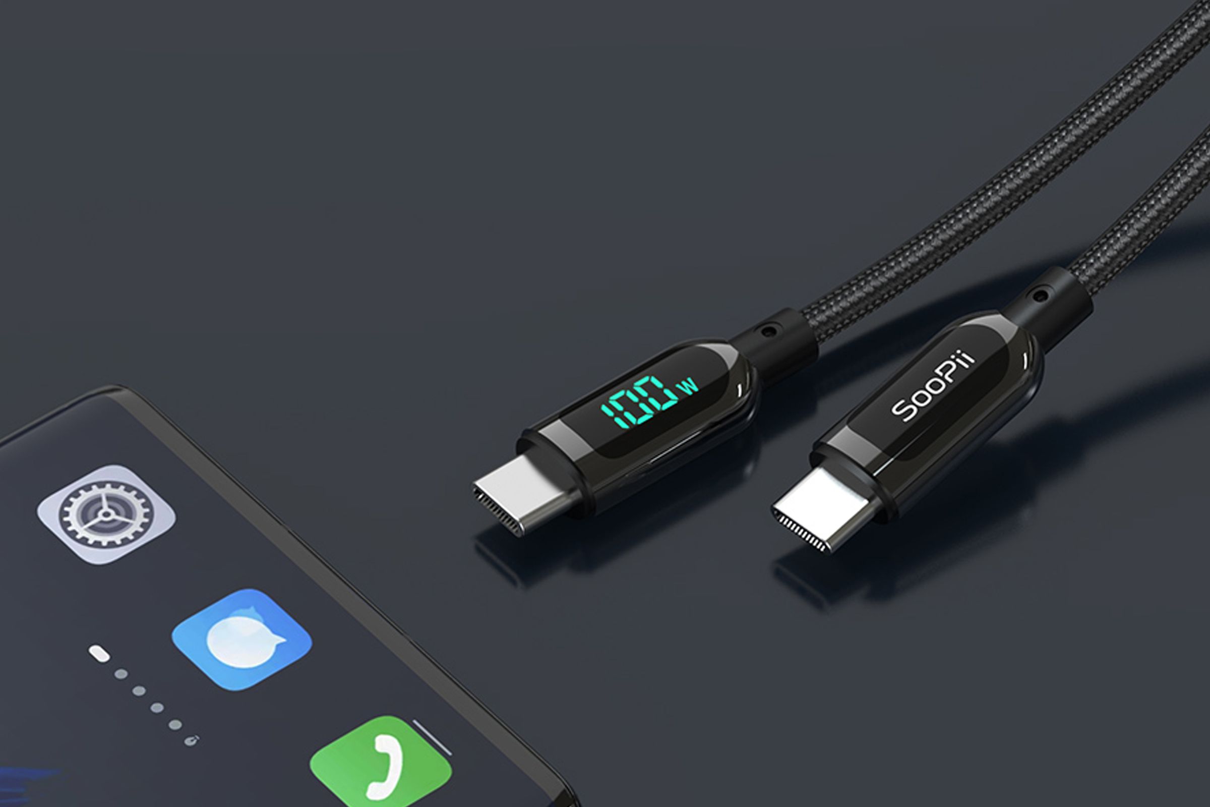 A USB-C to USB-C cable with a LED power meter built into one of its ends, about to be plugged into a phone.