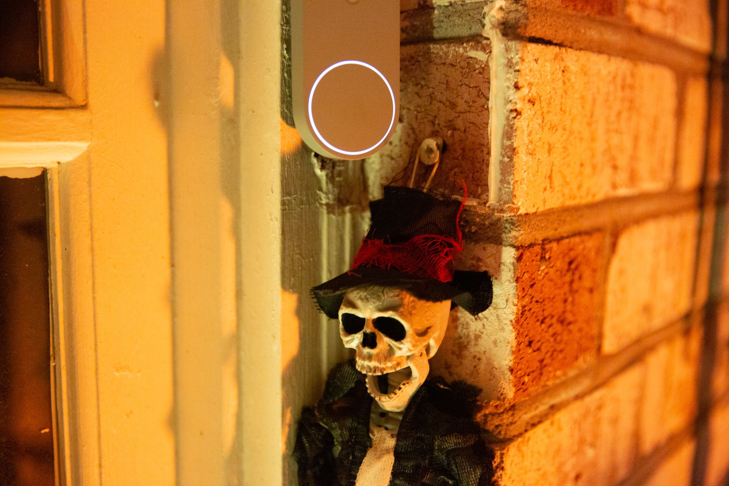 A plastic skeleton hanging by a doorbell