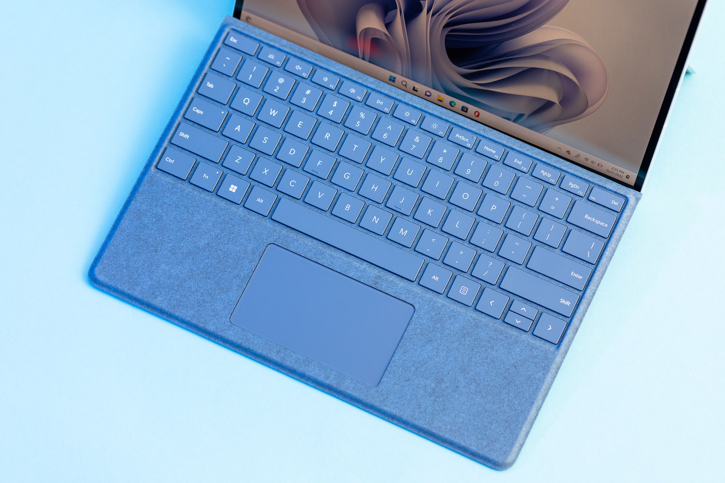 The keyboard of the Surface Pro 9 seen from above in Laptop Mode.
