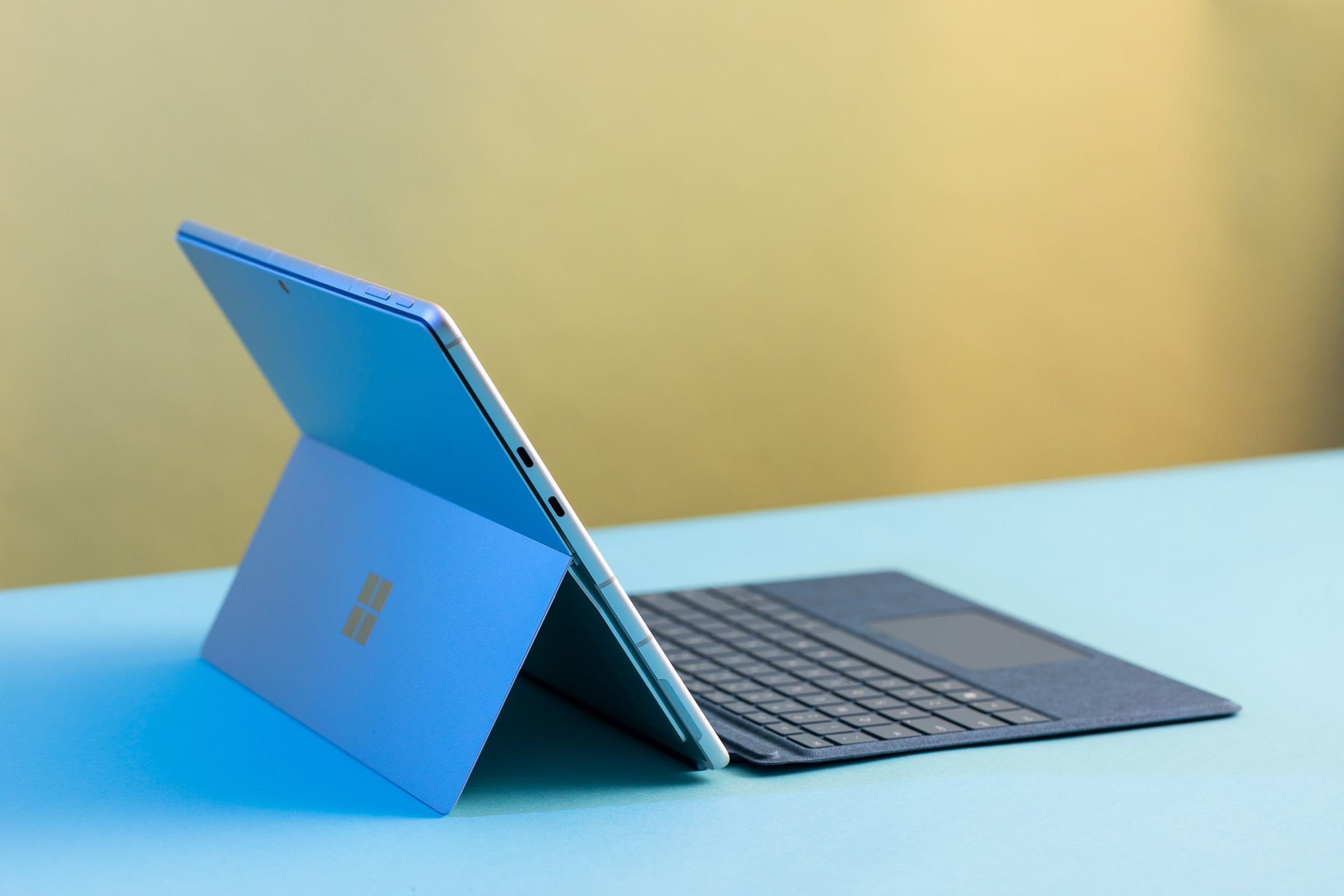 The Surface Pro 9 in laptop mode seen from behind.