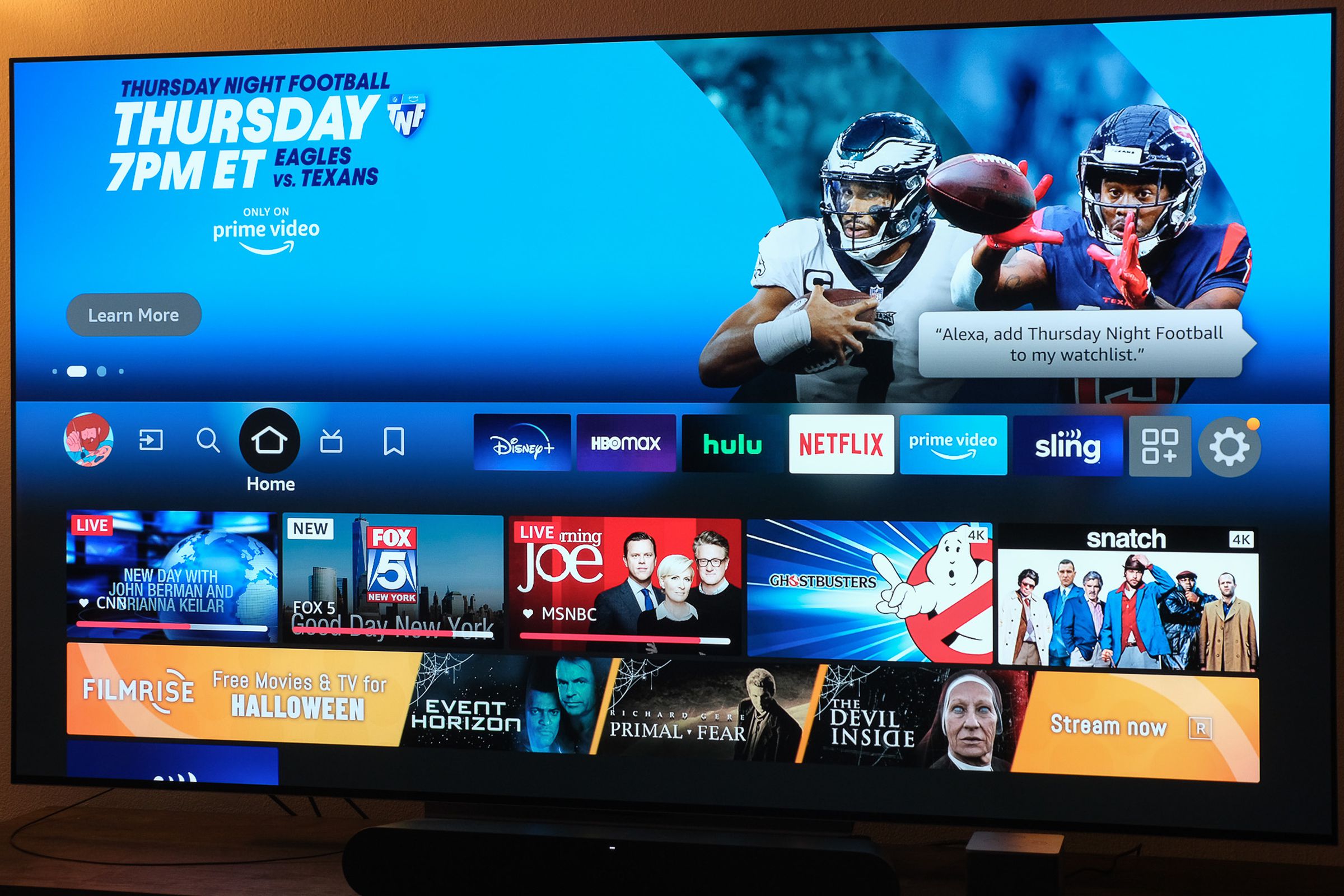 A photo of the software homescreen for Amazon’s Fire TV Cube.