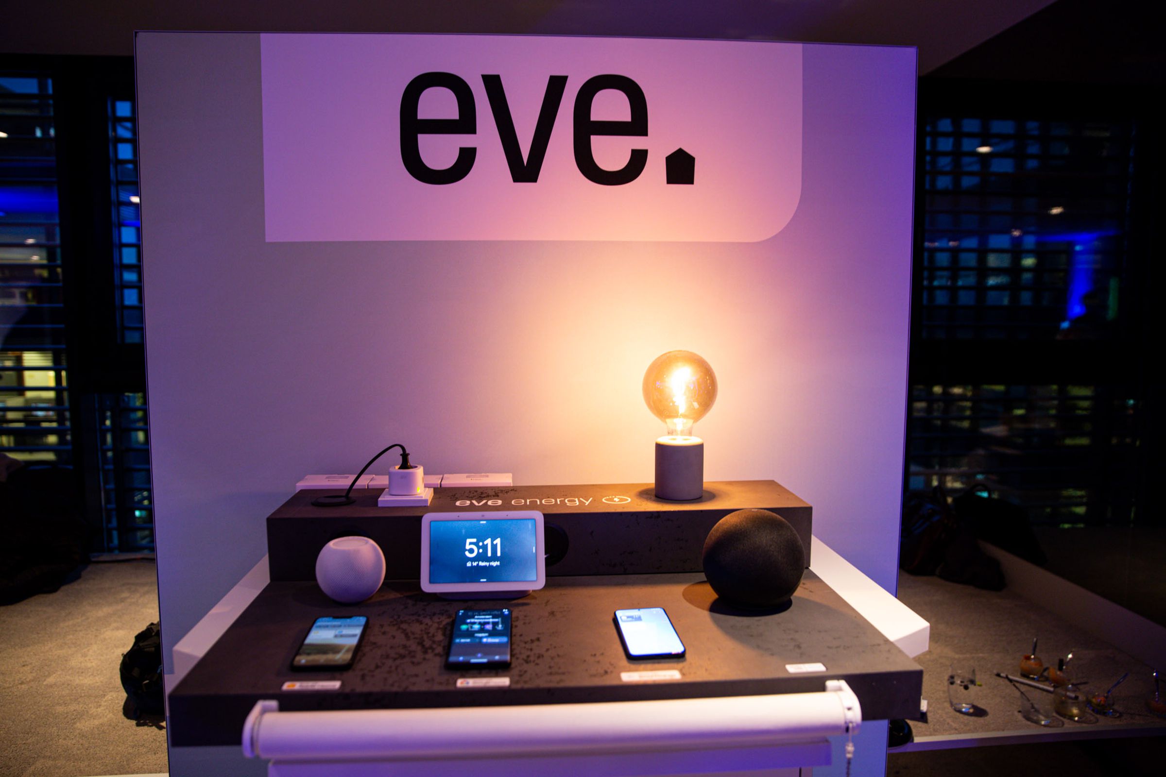 The Eve booth had four potential Thread border routers in action (the SmartThings hub was under the table). The Thread radios in the Nest Hub and Echo haven’t been turned on yet.