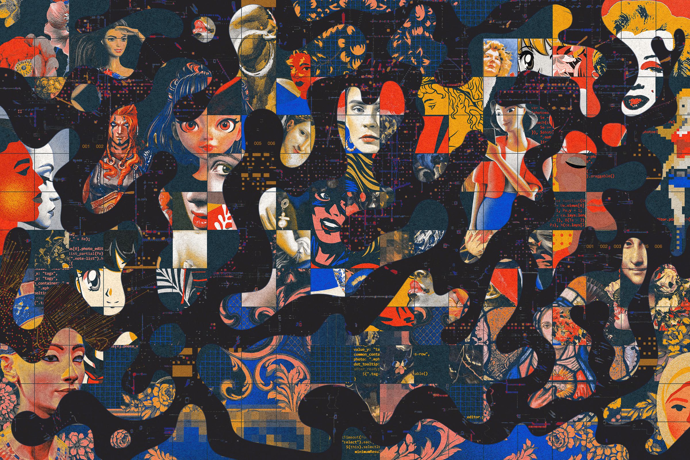 A collage comprised of faces, each in a unique art style over a dark background with abstract digital elements.