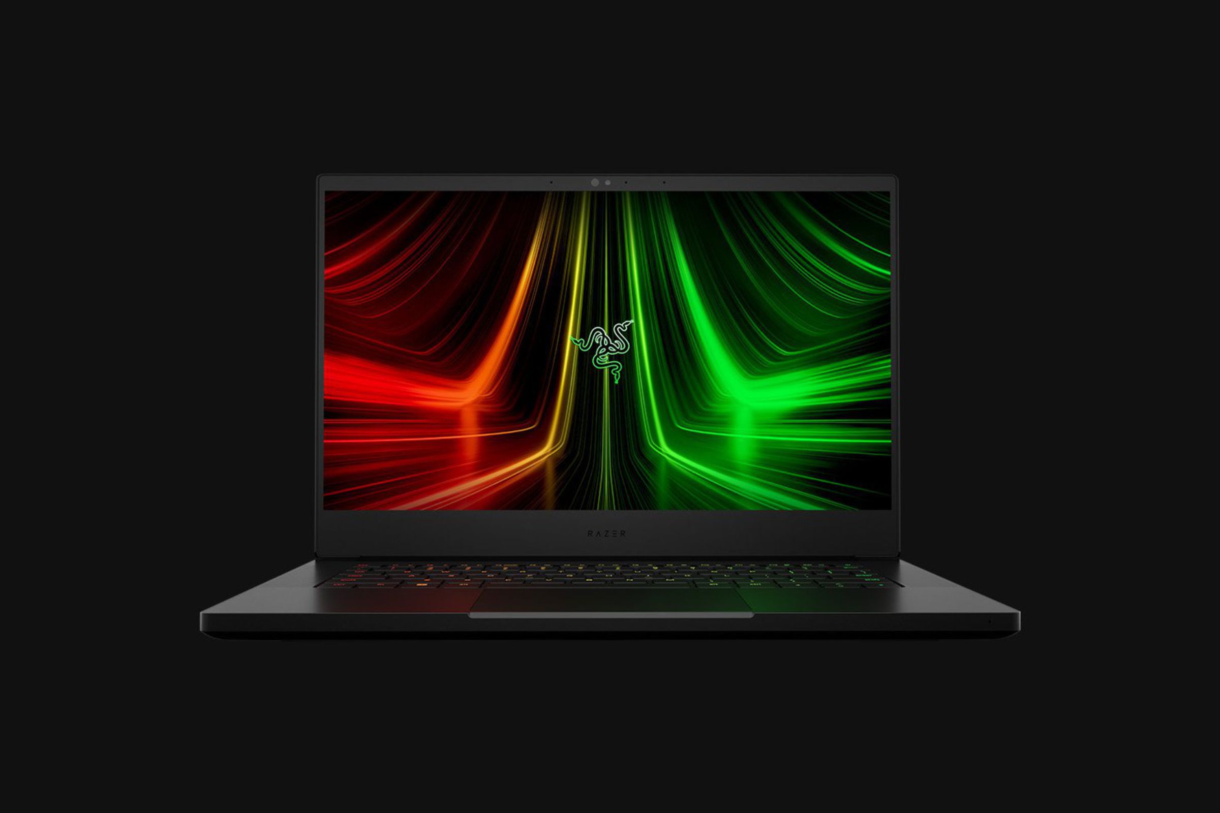 The Razer Blade 14 gaming laptop sits in a black space, opened to the view to show off its 14-inch screen.