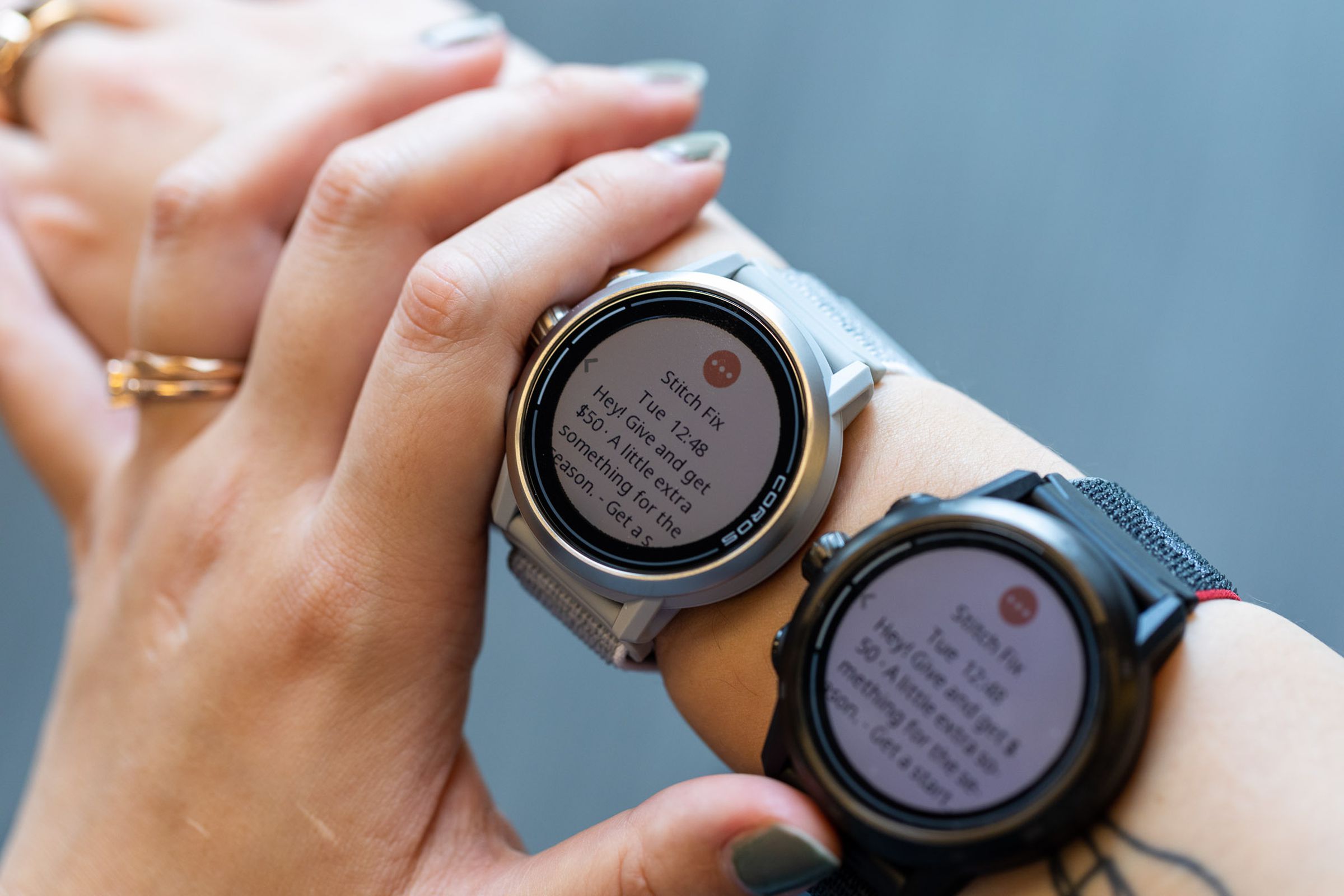 The Apex 2 and Apex 2 Pro showing the same notification while worn on the same wrist.