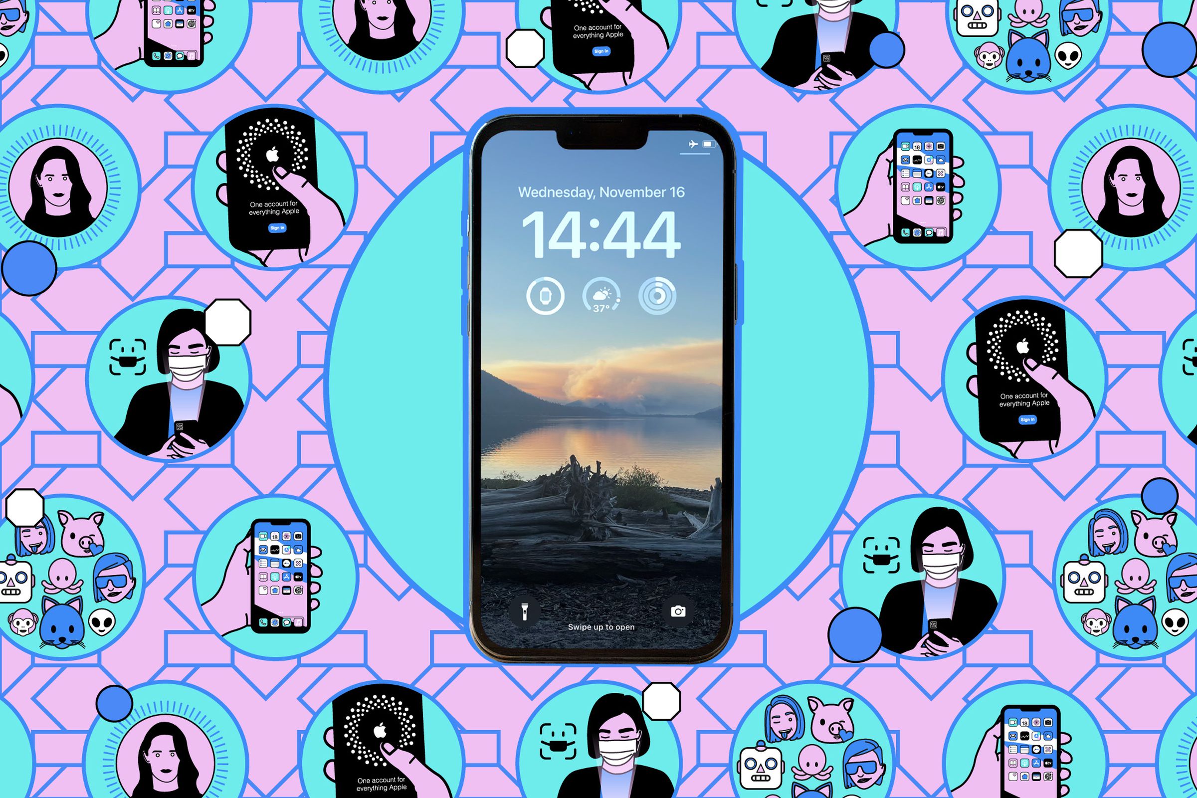 Illustration of an iPhone showing its lockscreen on a pink and blue background.
