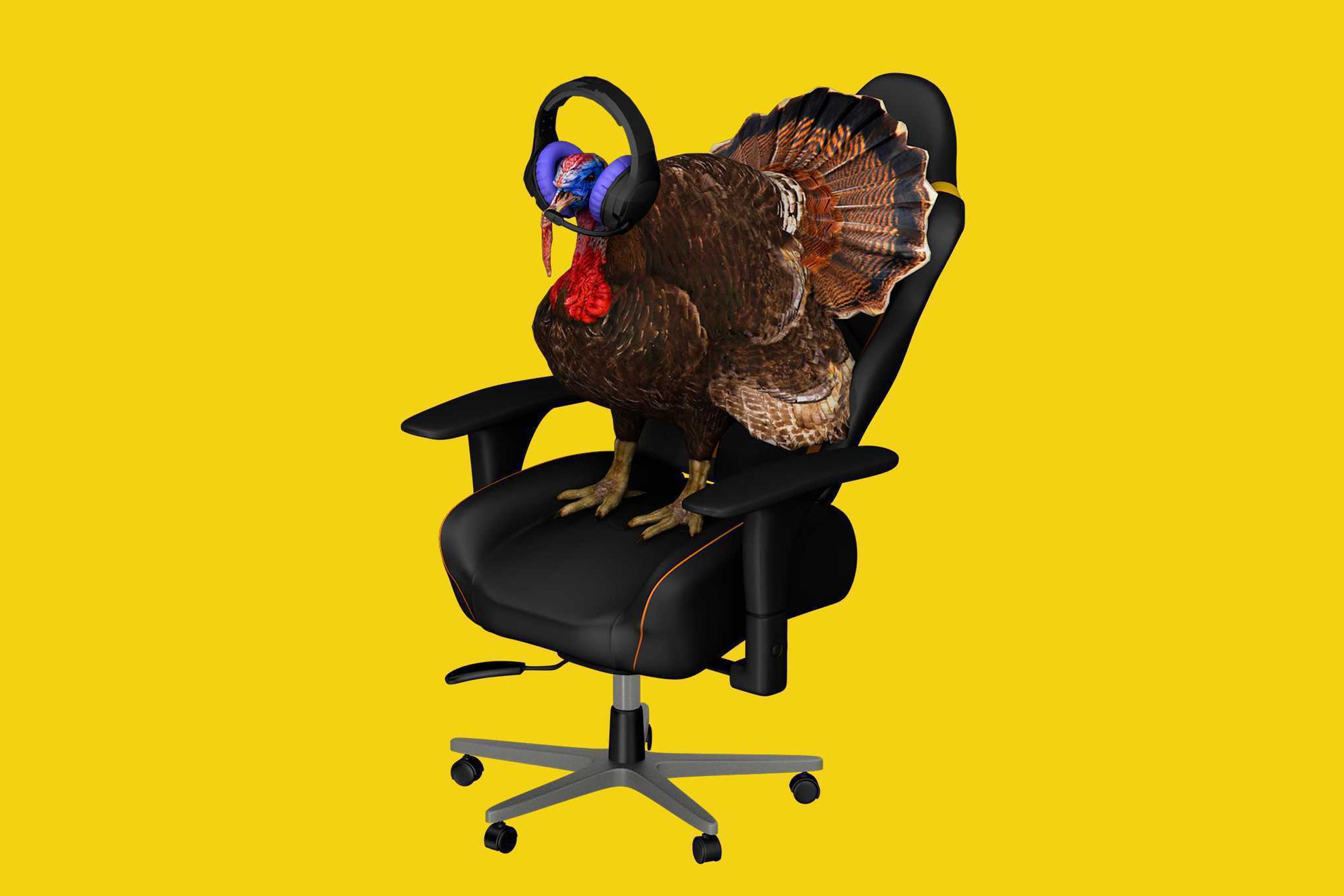 An illustration of a gamer turkey wearing big headphones.