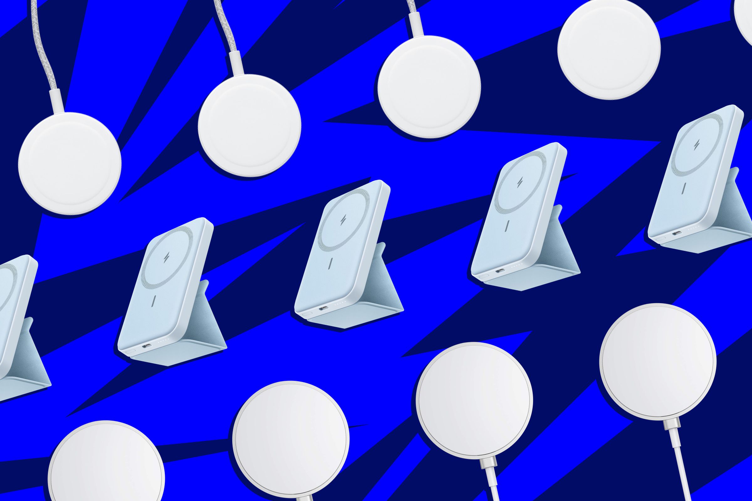 An illustration of repeating magnetic charging pucks and magnetic power banks, tiled across a dark blue background with a subtle lightning bolt pattern.