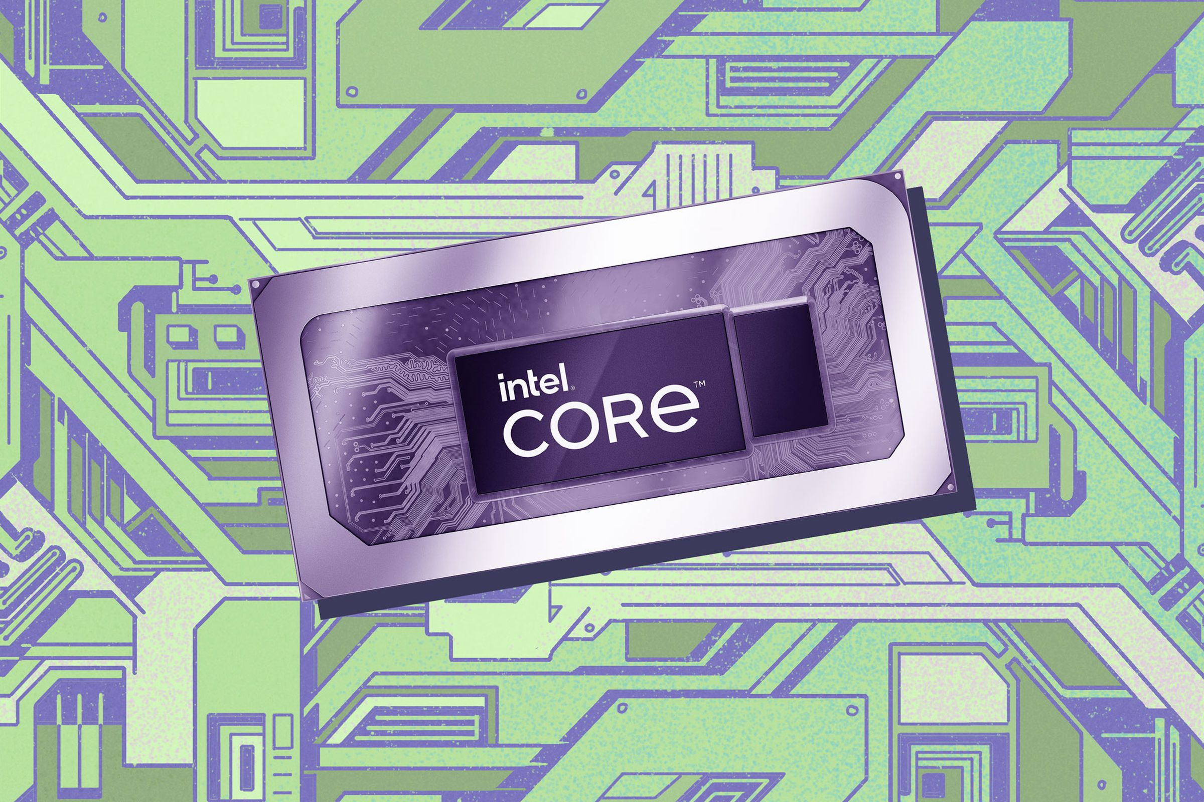 Computer chip labeled “Intel Core” against a green background with maze-like shapes behind it.