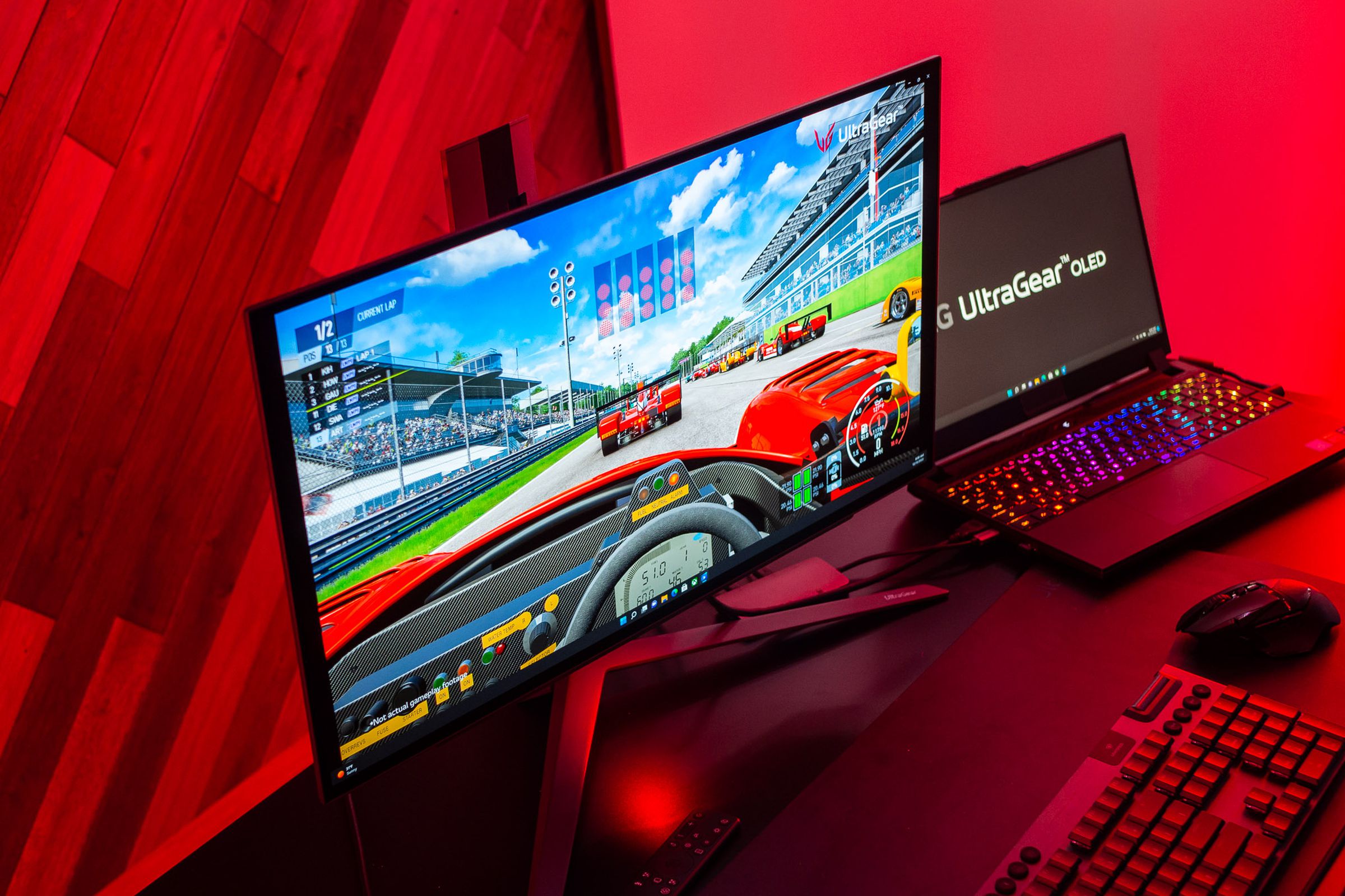 LG’s 27-inch UltraGear OLED gaming monitor showing off a video demo of a racing game.