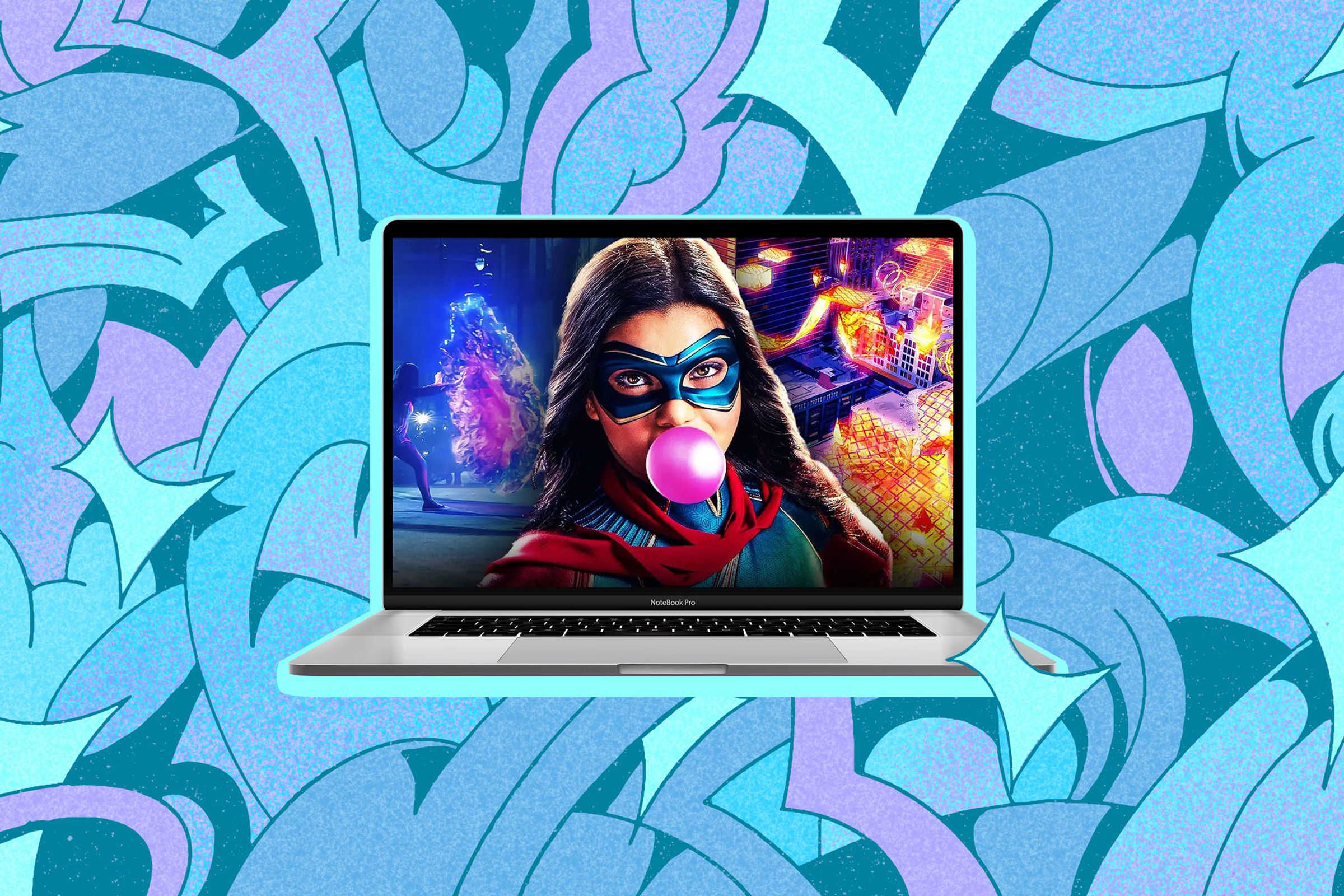 An illustration featuring a laptop with a still image of Ms. Marvel on the screen