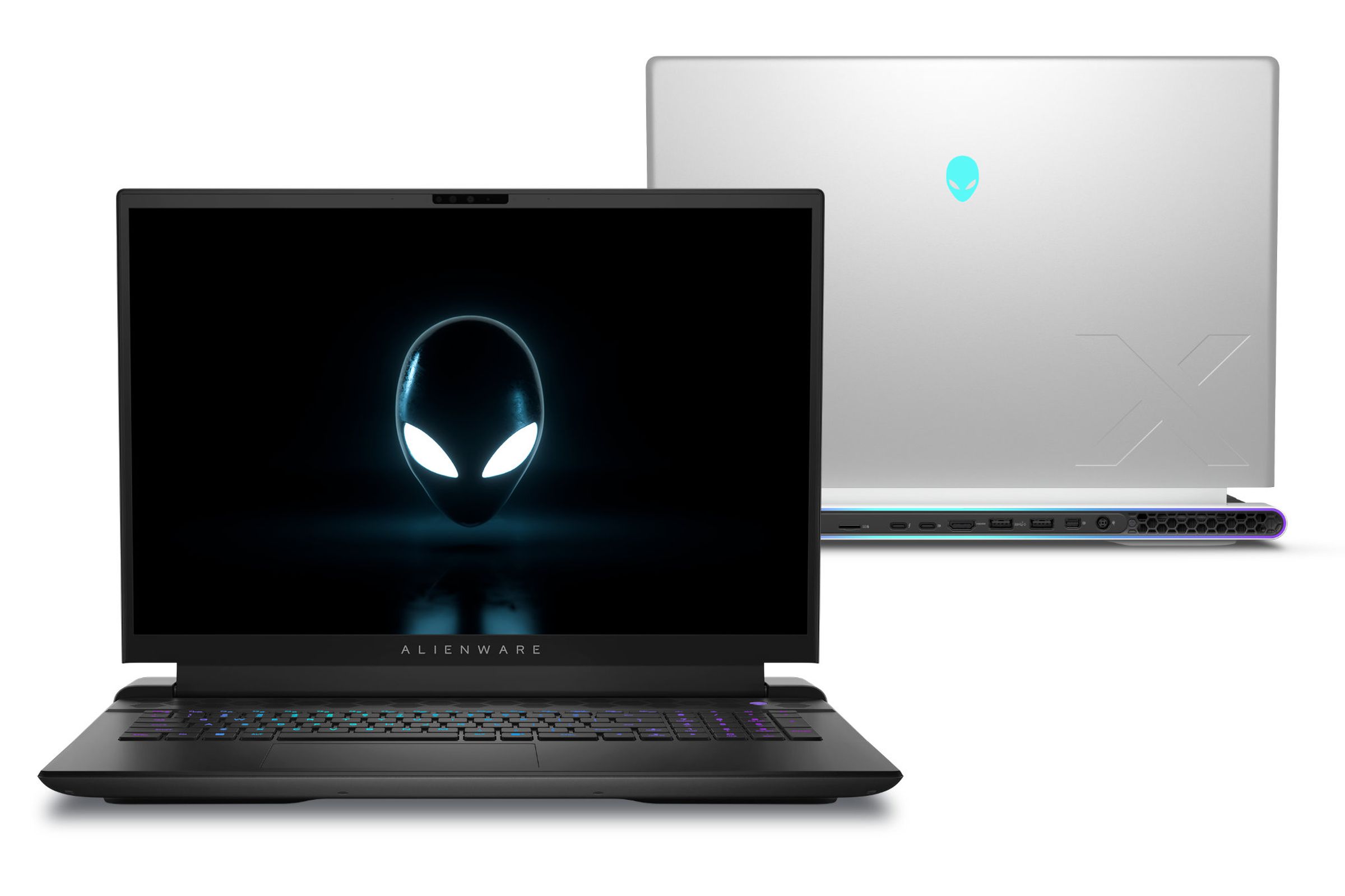 The Alienware M18 gaming laptop with its display showing the Alienware logo.