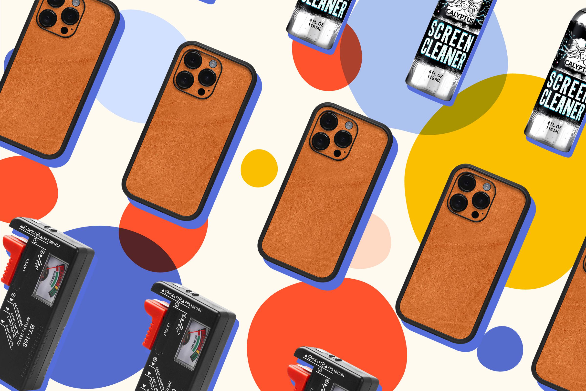 Colorful illustration showing an iPhone with a leather Dbrand skin, battery voltage checker, and screen cleaning spray.