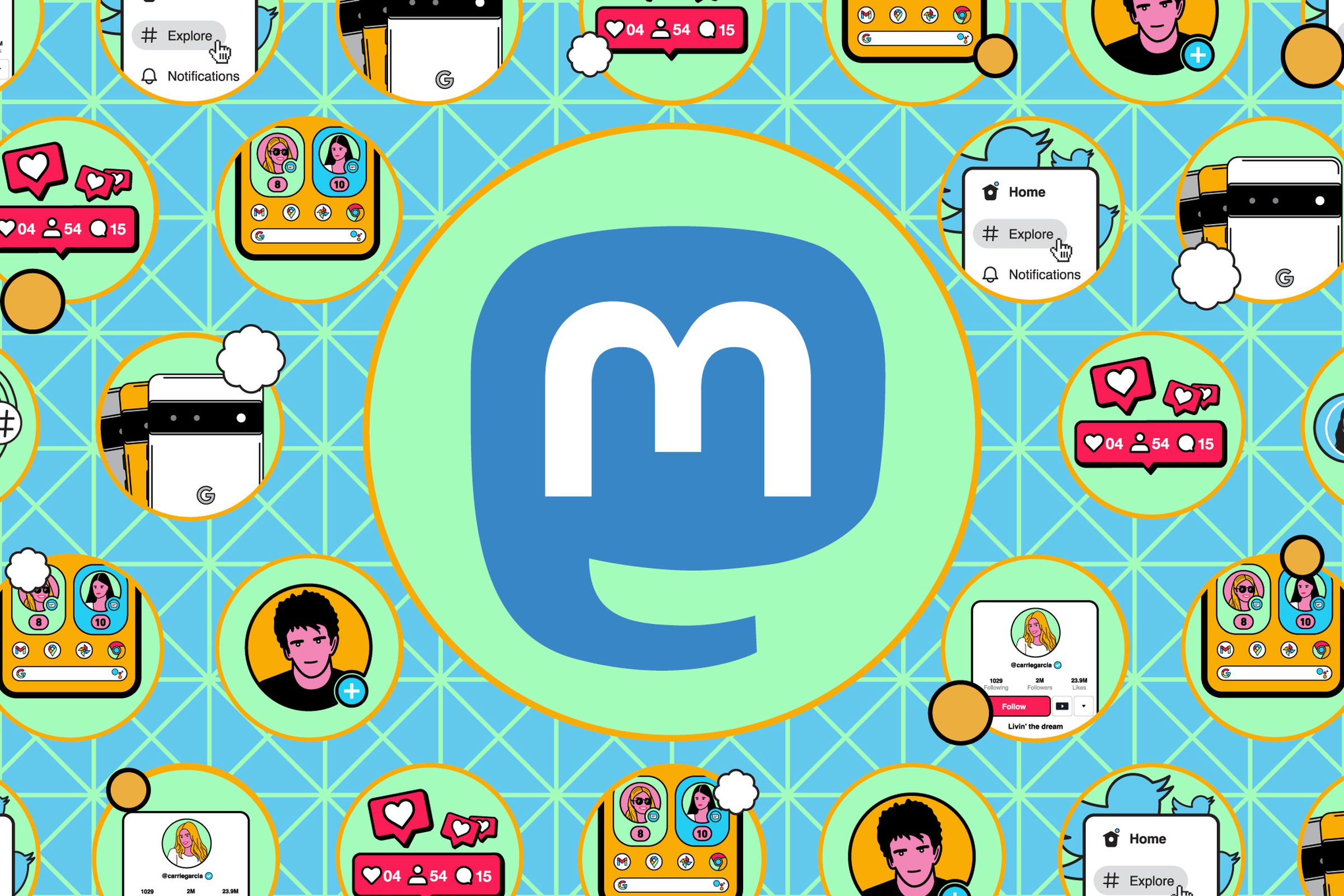 The logo for Mastodon against a blue background with several small illustrations.