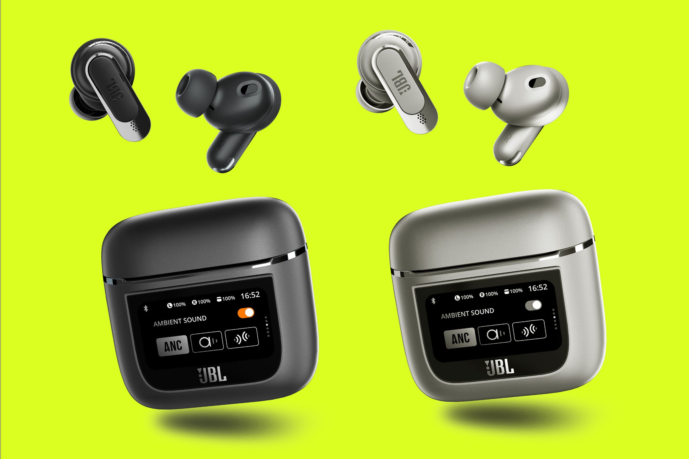 Tour Pro 2 in black and white color options. The image shows two wireless earbuds with short stems above a small horizontal case with a mostly black-and-white screen presenting noise cancellation options.