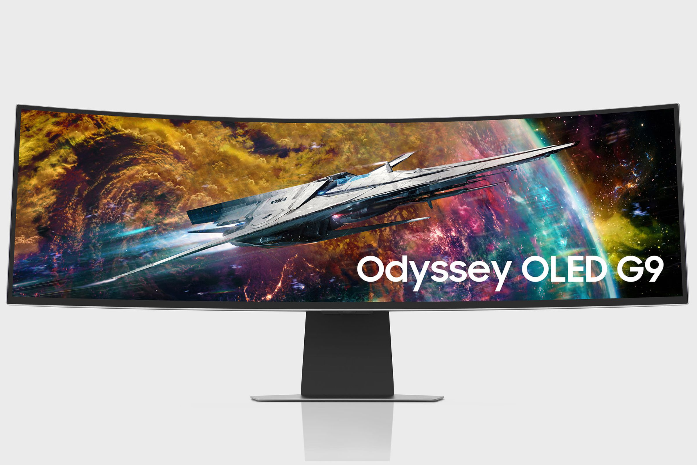 Samsung Odyssey G95SC OLED gaming monitor showing a spaceship.