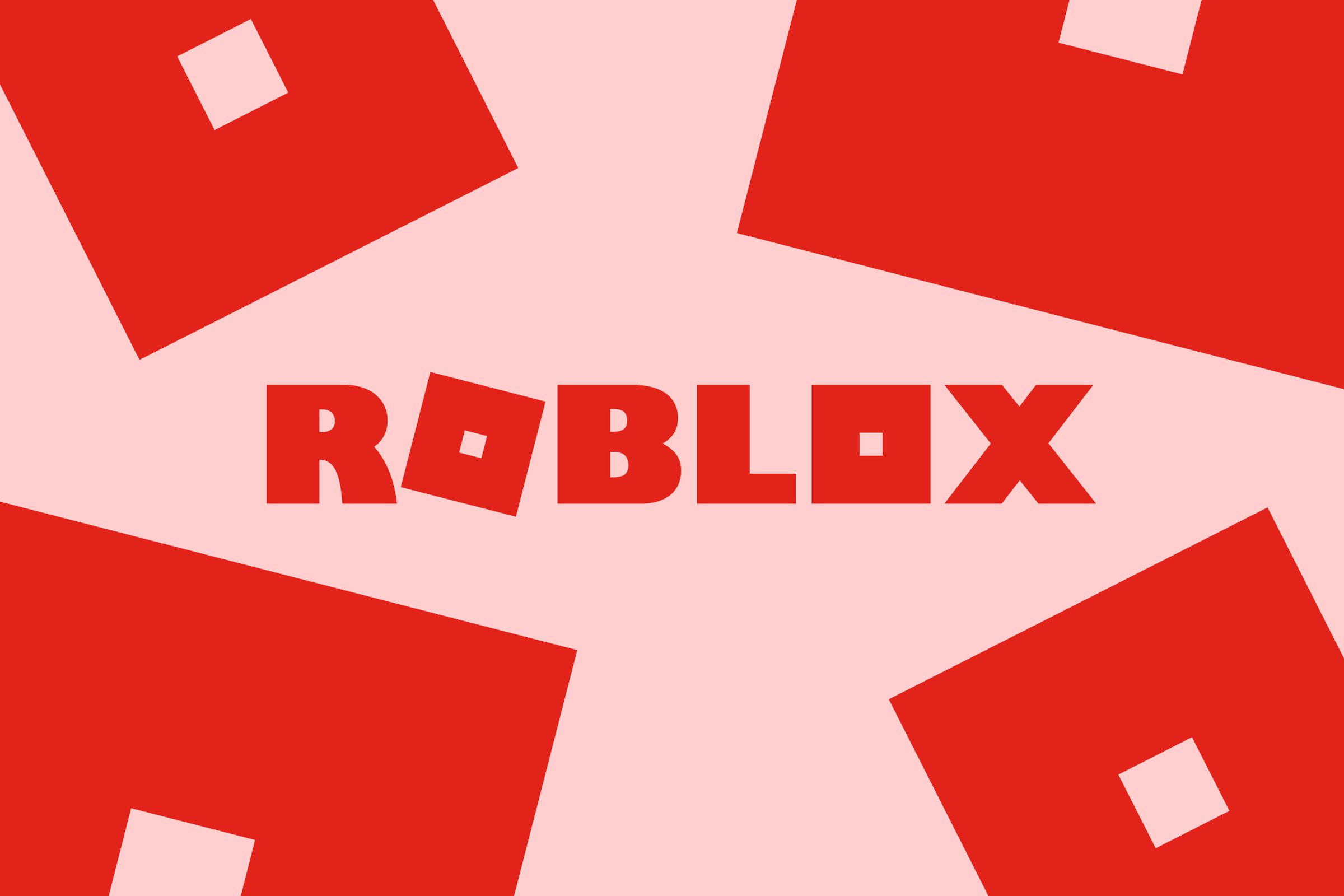The Roblox logo in red, surrounded by blocky shapes on a pink background.