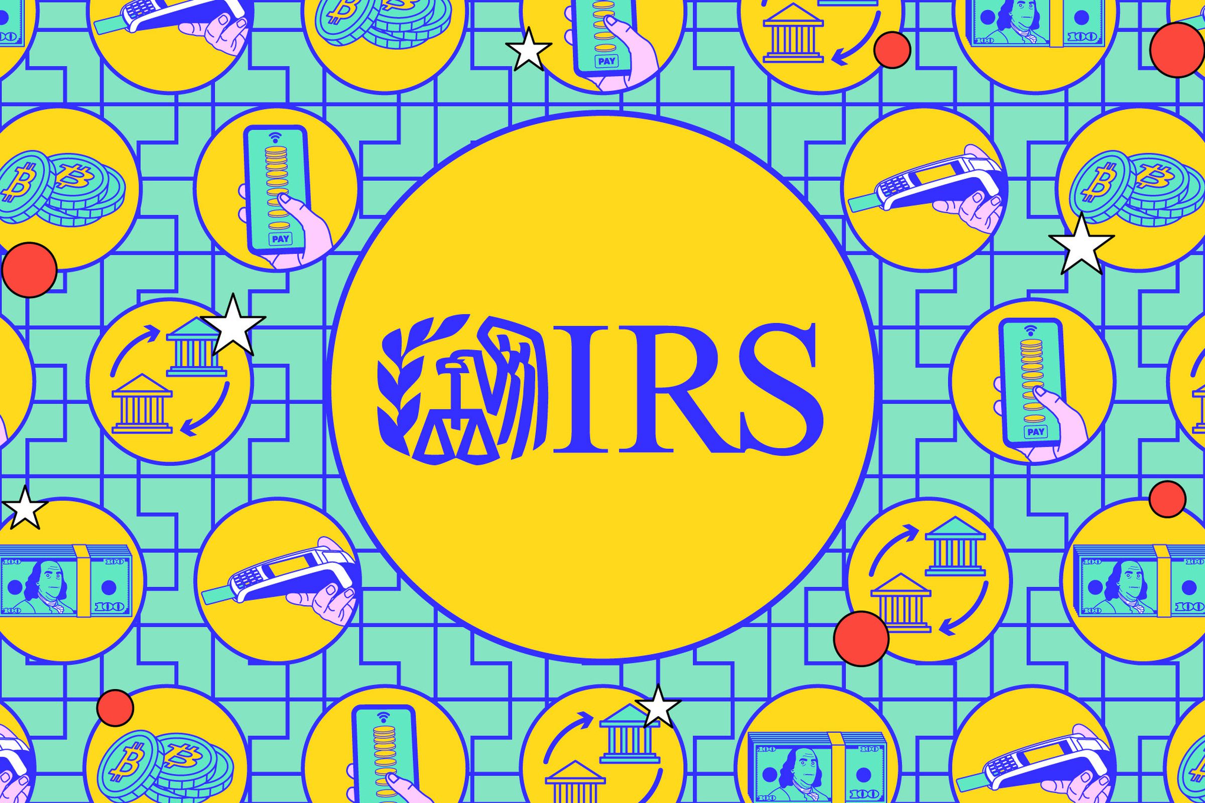 Colorful image of the IRS logo with several small images surrounded by smartphones and financial-themed drawings.