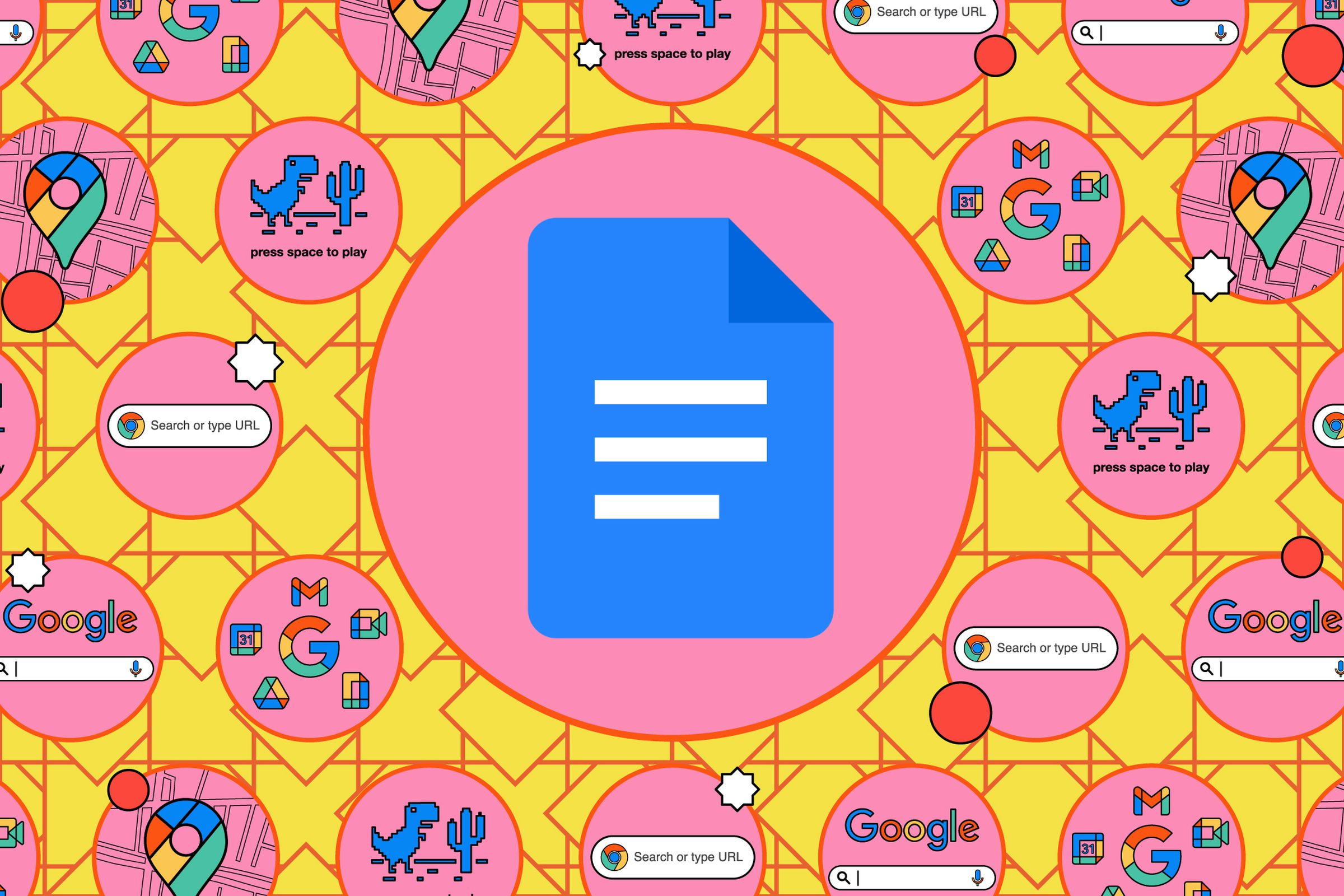 Google Docs icon inside of a pink circle and surrounded by small illustrations.