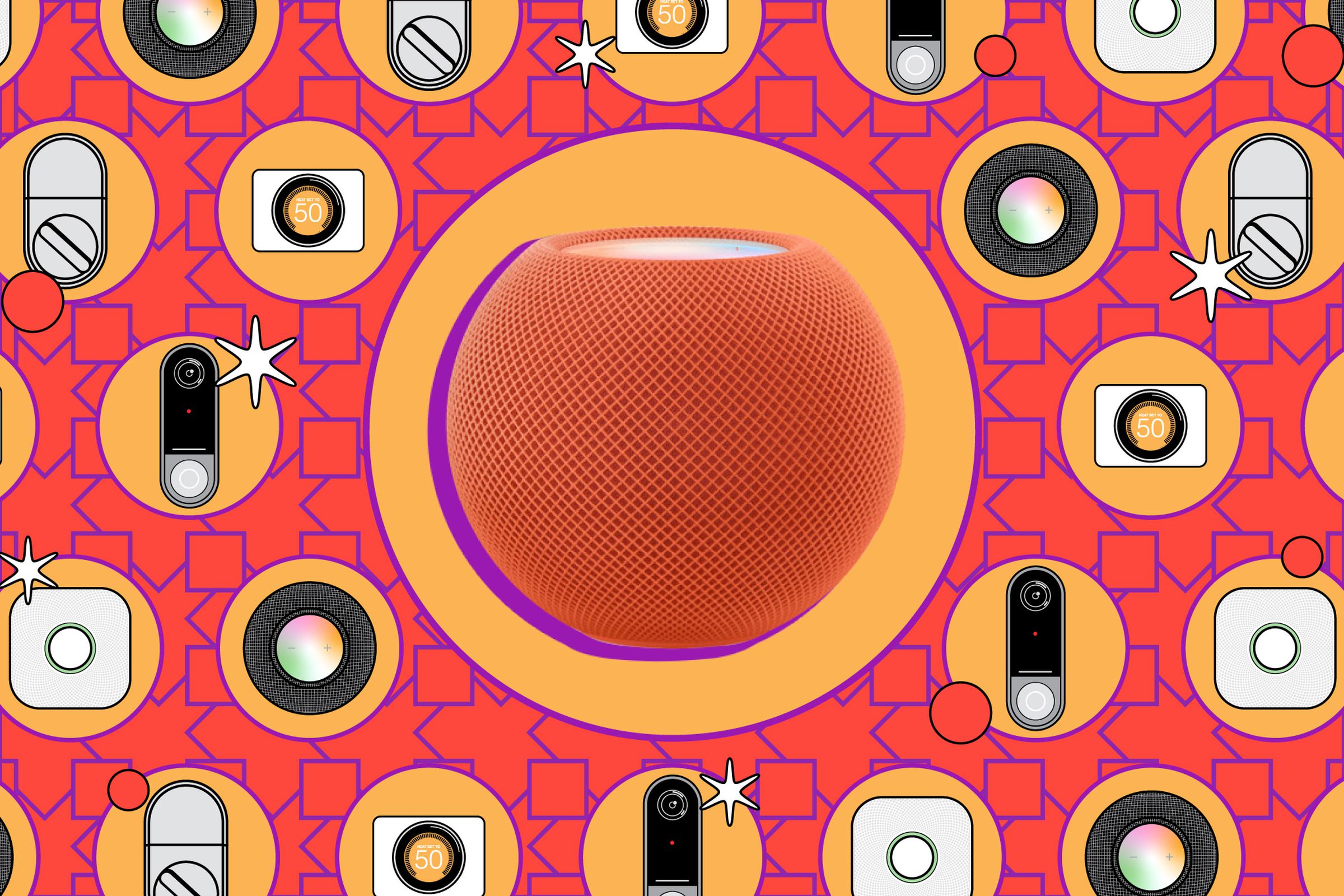 HomePod Mini with a background of small illustrations.