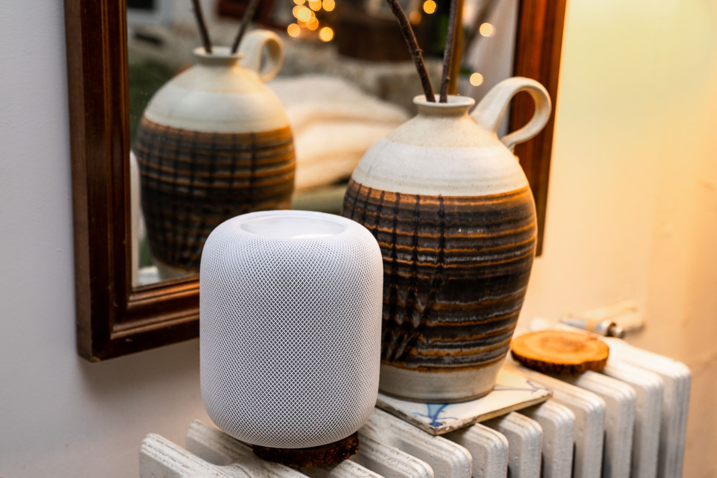 A photo of Apple’s second-gen HomePod next to a decorative pot.