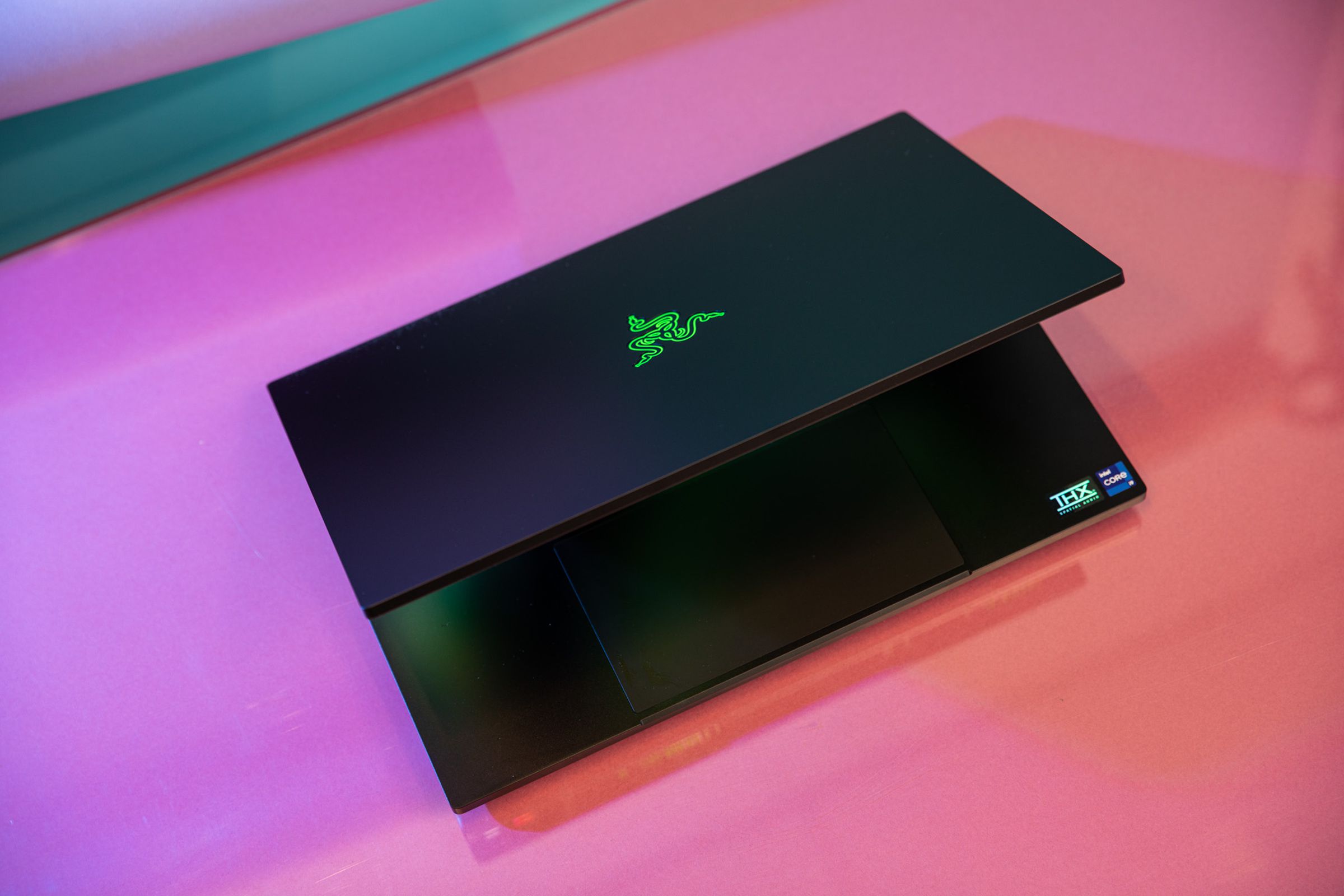 The Razer Blade 16 half closed seen from above.
