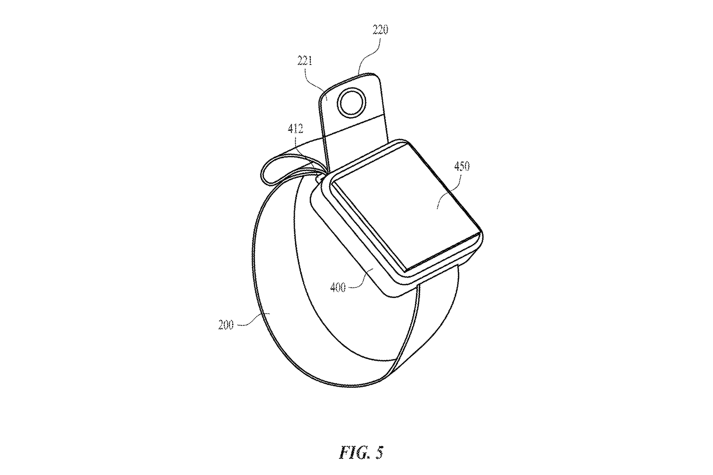 Figure 5 of a patent diagram showing an Apple Watch with a strap. At the end of the strap is a small section showing an image sensor.
