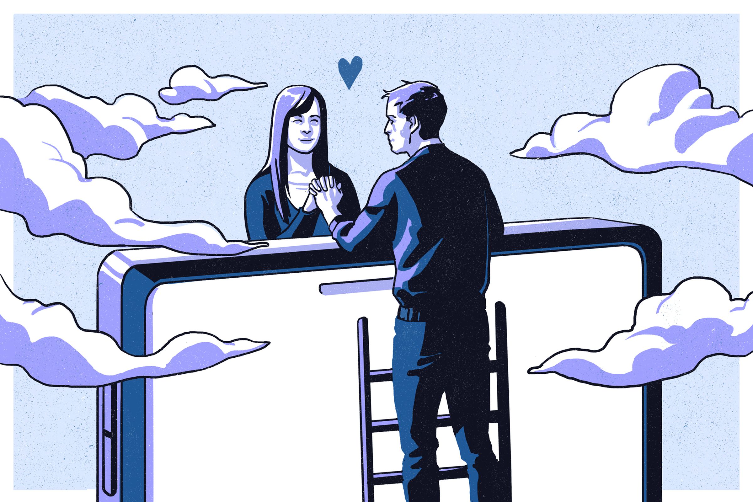 An illustration of two people meeting each other around a giant phone.