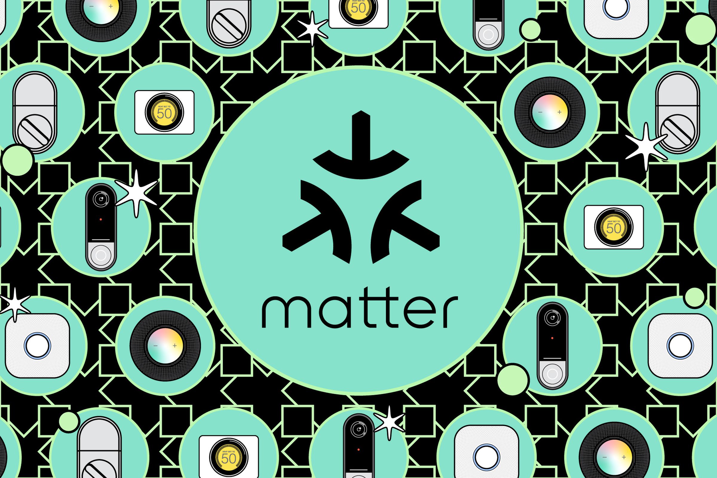 Vector illustration of a Matter logo on a graphic background.