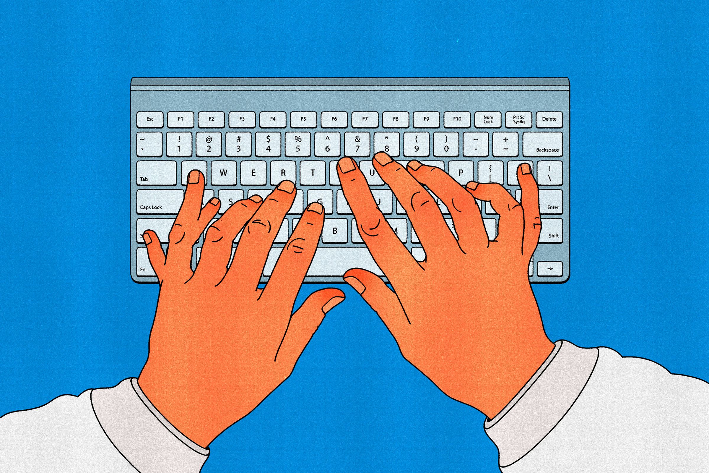 Hands with additional fingers typing on a keyboard.