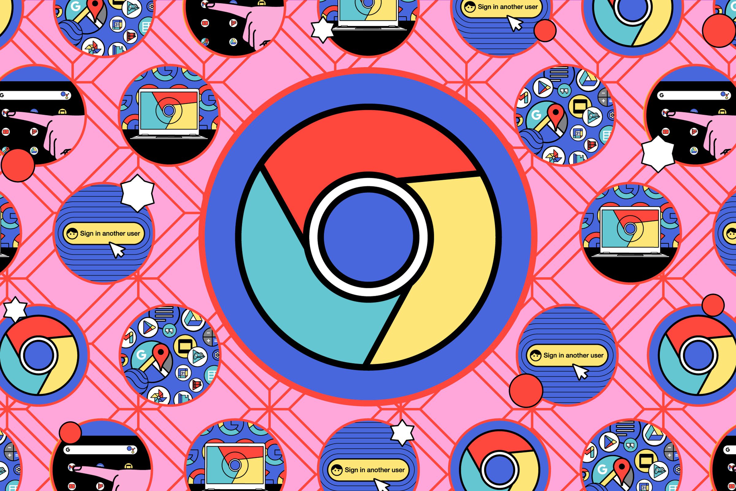 Chrome logo surrounded by small illustrations against a pink background.