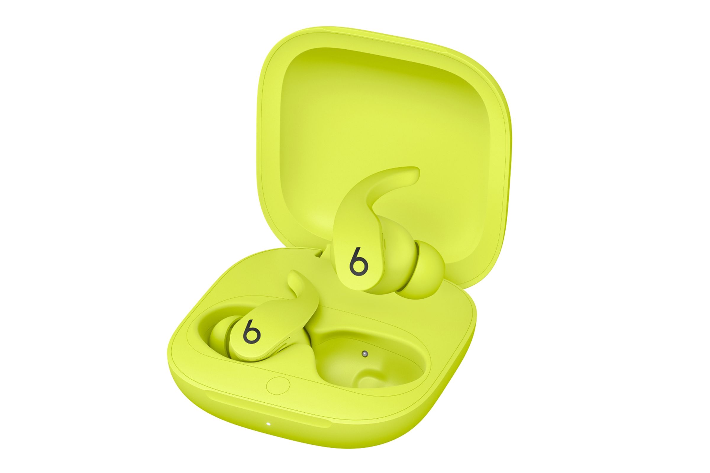 The Beats Fit Pro earbuds in bright yellow with their matching case on a white background.