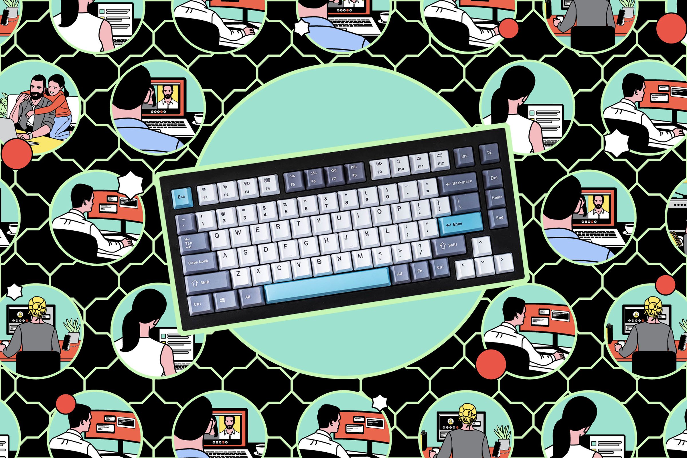 Illustration featuring a keyboard and various animated people typing on various computers
