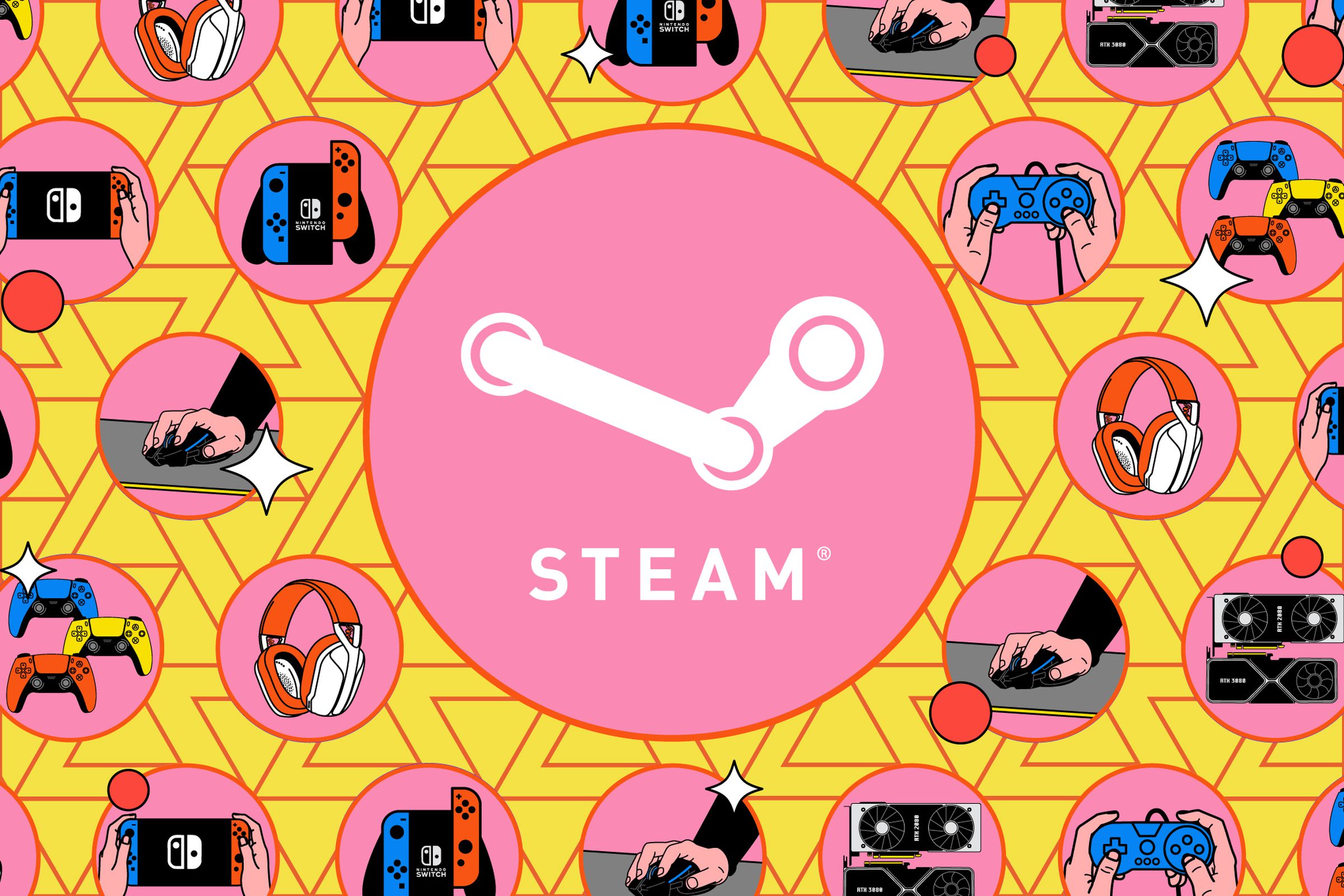 Steam icon (two long metal pieces attached so they look like an arm) with the word “Steam” underneath, in a pink circle with a variety of drawn icons around them.