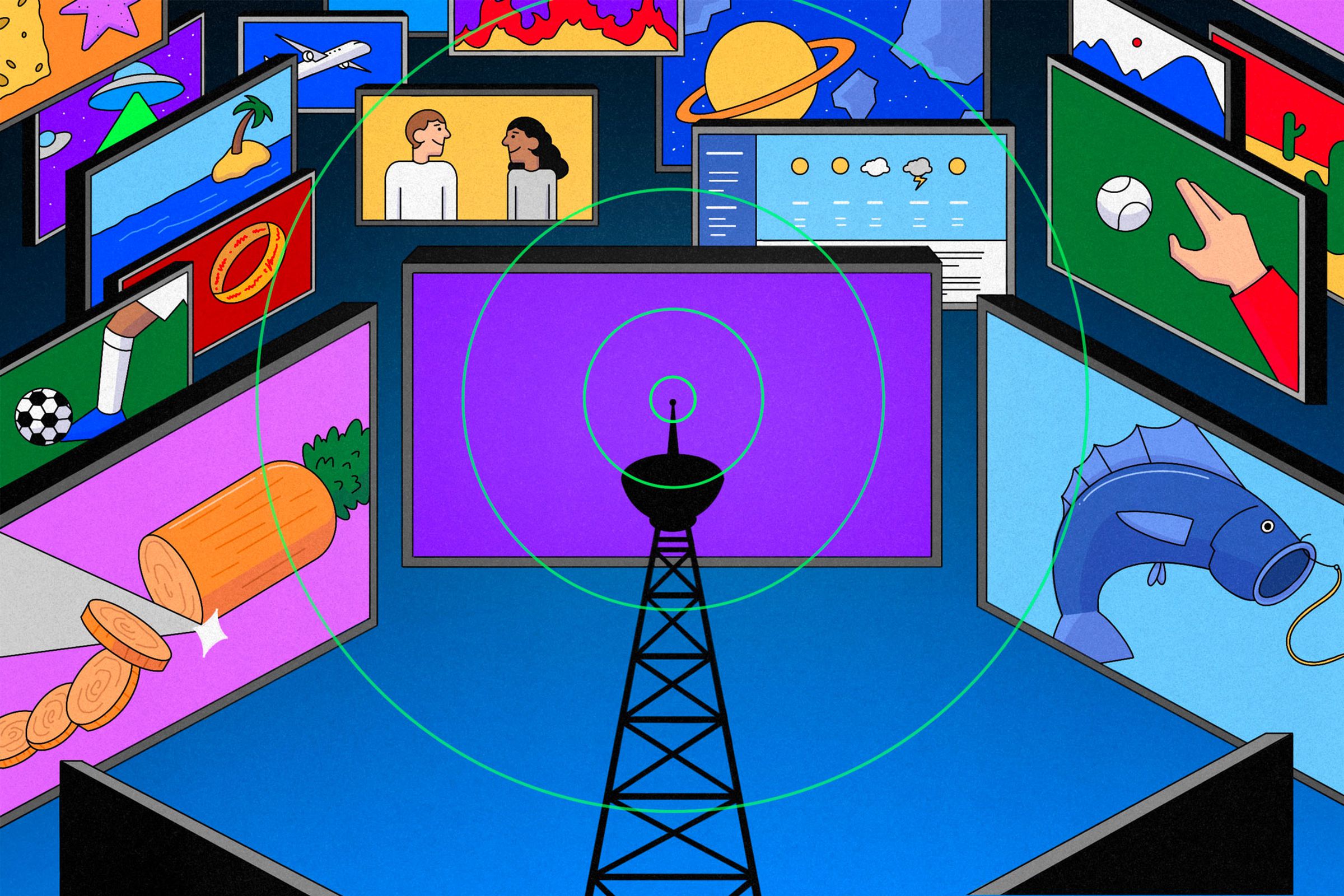 An illustration of a broadcast tower sending out signals to a variety of colorful TVs showing different images (a fish, a carrot, a soccer player, a baseball)