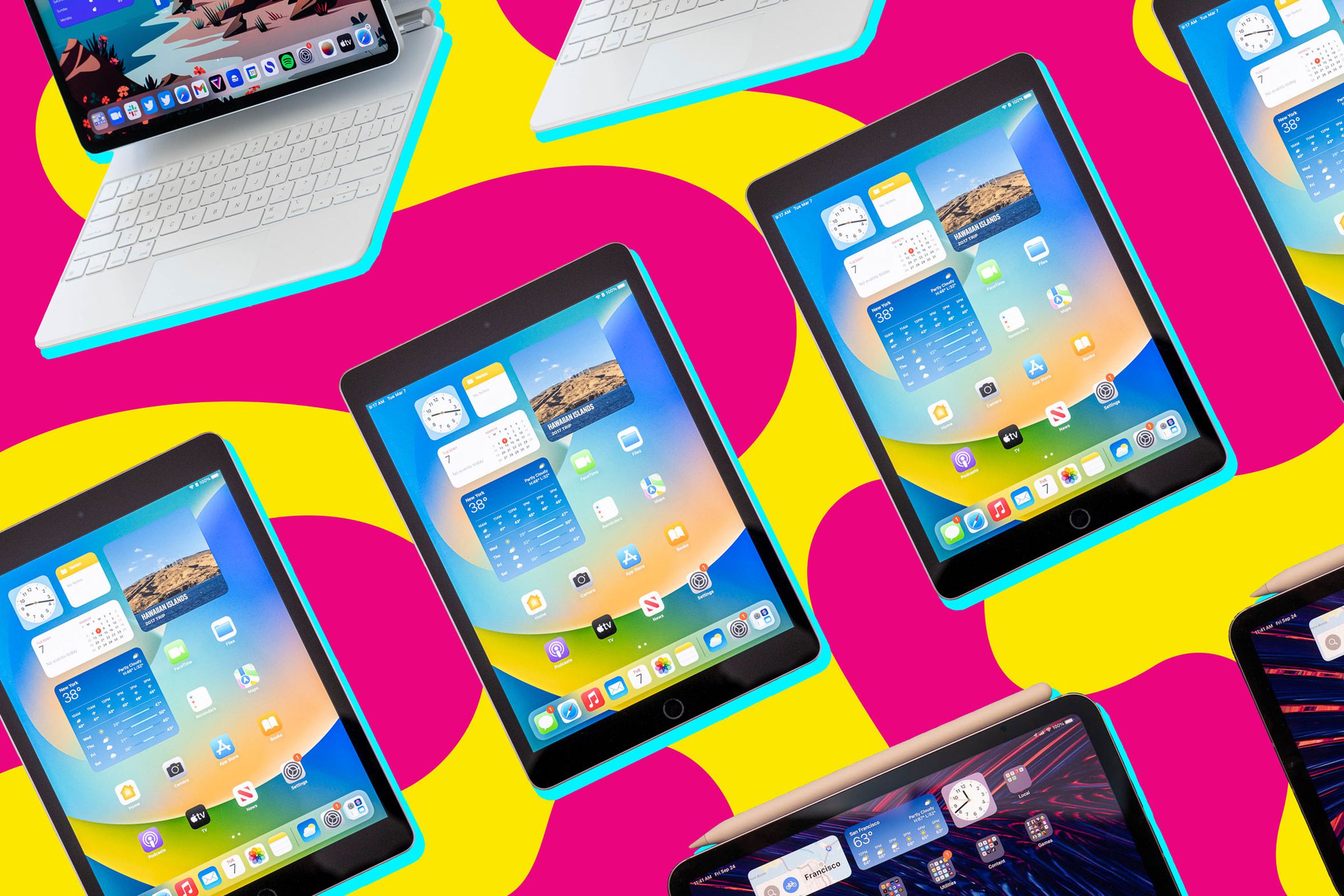 Various iPads in the air against a pink and yellow background.