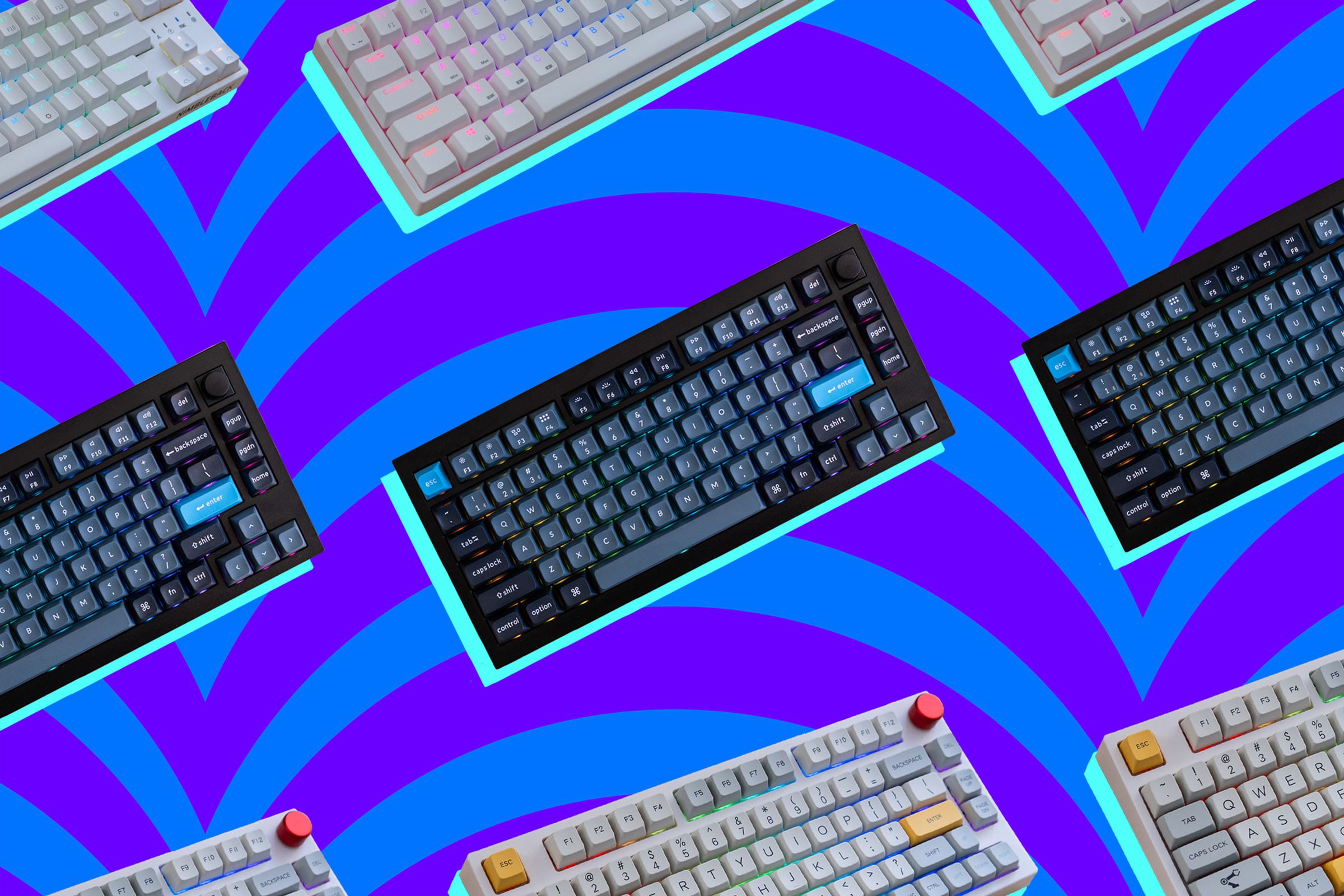 Several keyboards floating on an illustrated background.