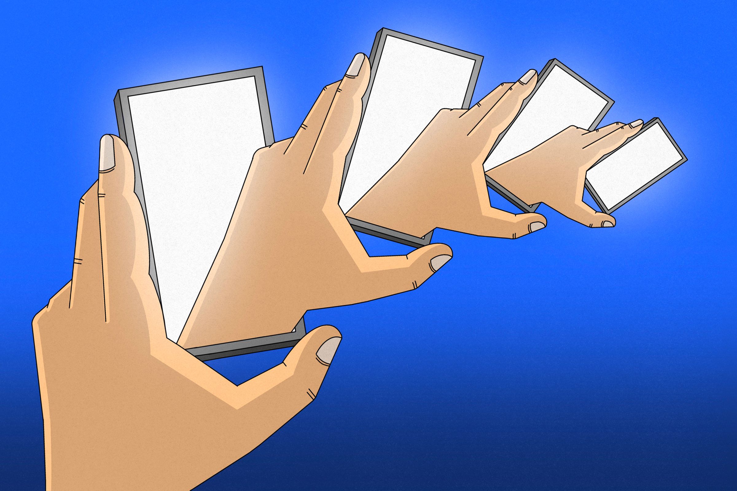 Illustration of a series of hands holding phones.